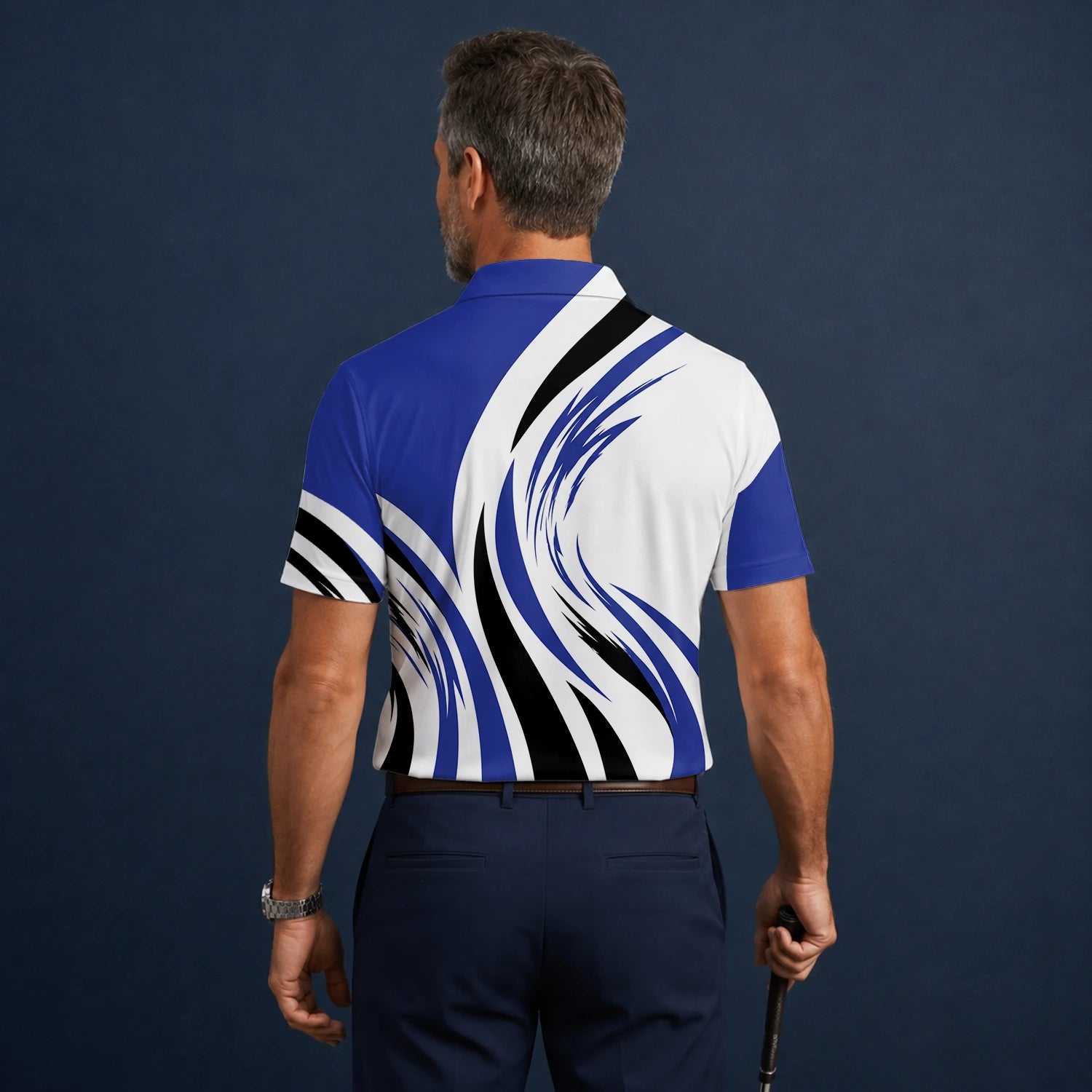 Personalisiertes Golf Poloshirt Weiß Blau Schwarzes Abstraktes Wellen Design für Herren V7849