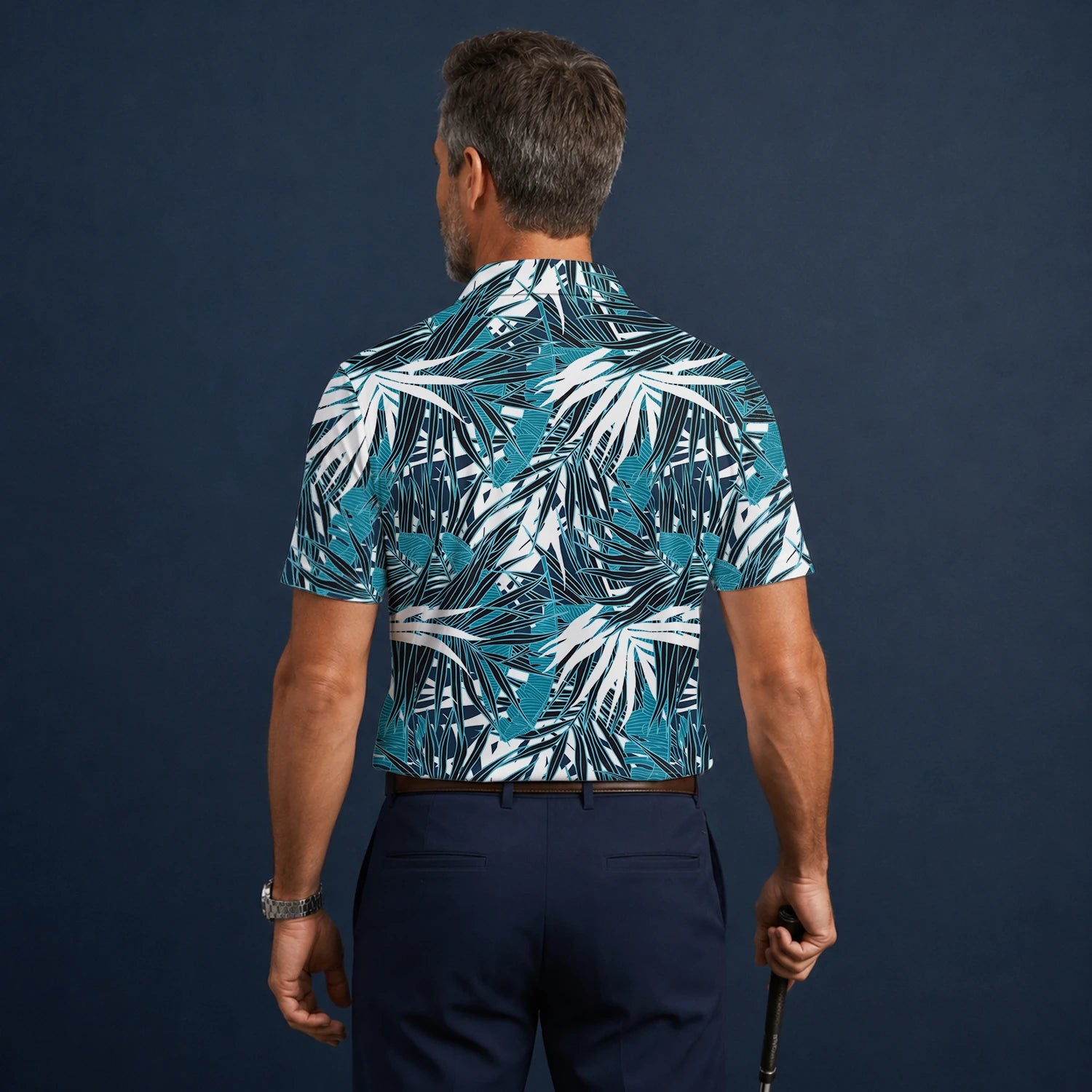 Personalisiertes Golf Poloshirt Türkis Schwarz Weißes Palmenblätter Design für Herren S8543