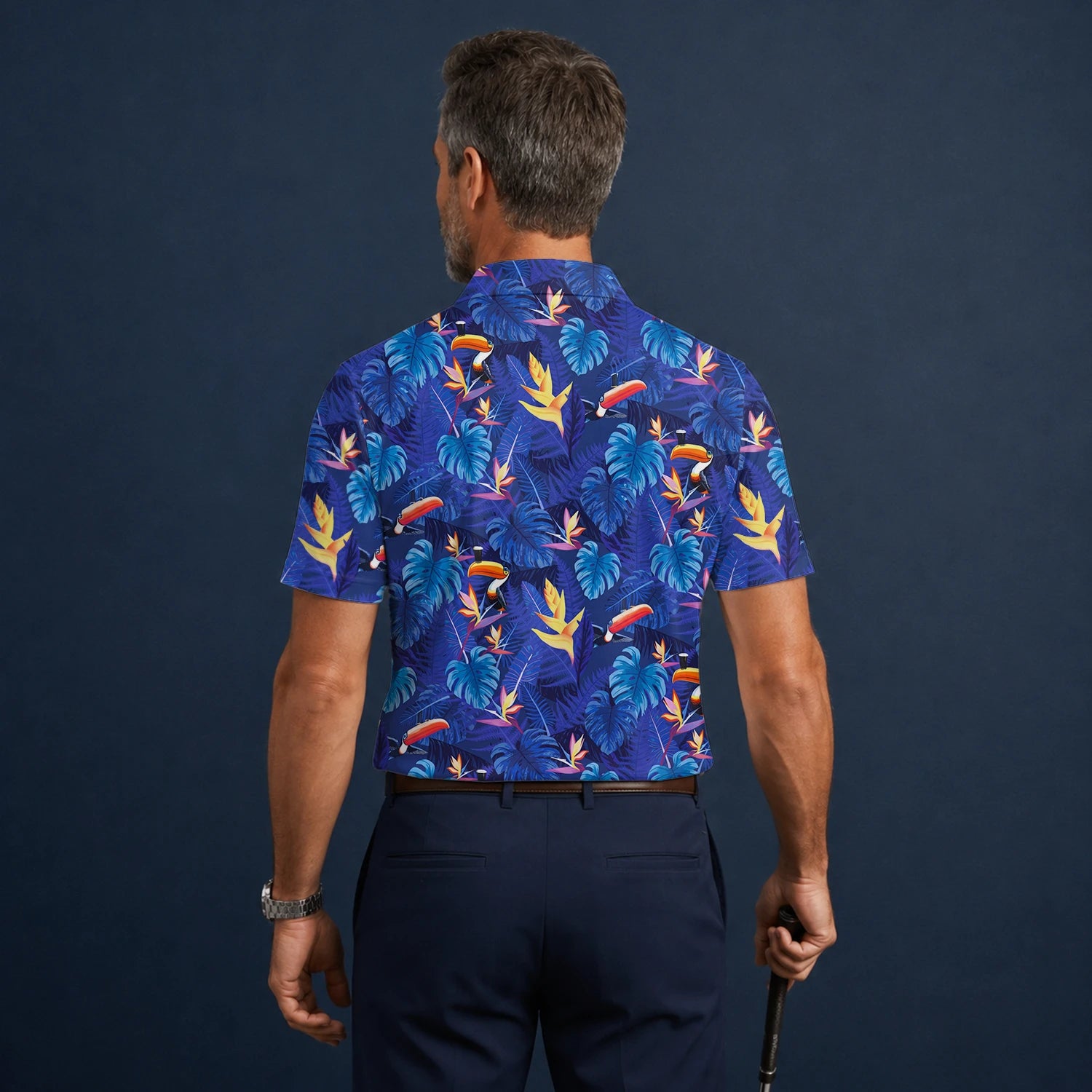 Personalisiertes Golf Poloshirt Marineblaues Tropisches Tukan Blätter Design für Herren S1836