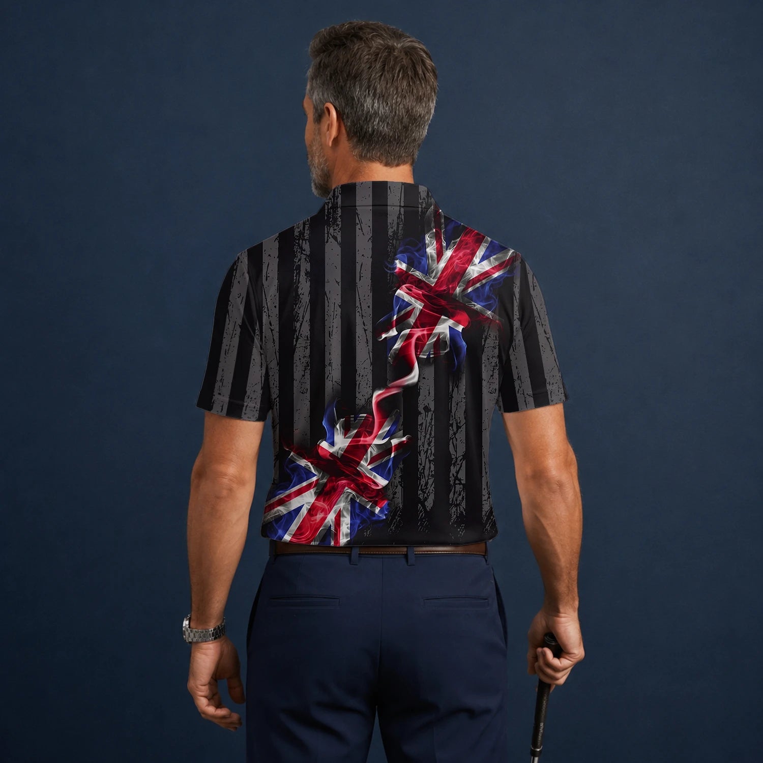 Personalisiertes Golf Poloshirt Schwarz Union Jack Blitz Design für Herren U9443