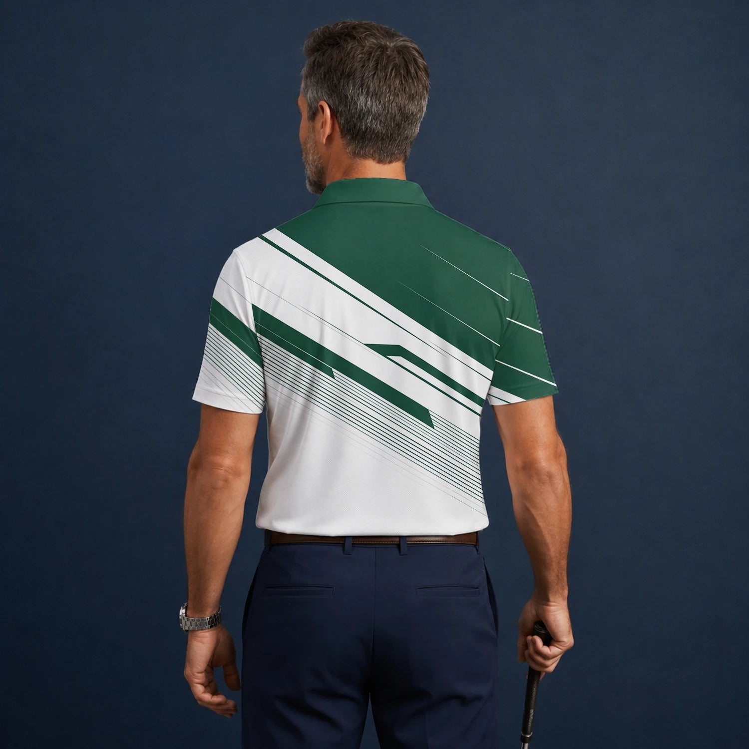 Personalisiertes Golf Poloshirt Grün Weißes Abstraktes Streifen Design für Herren E5041