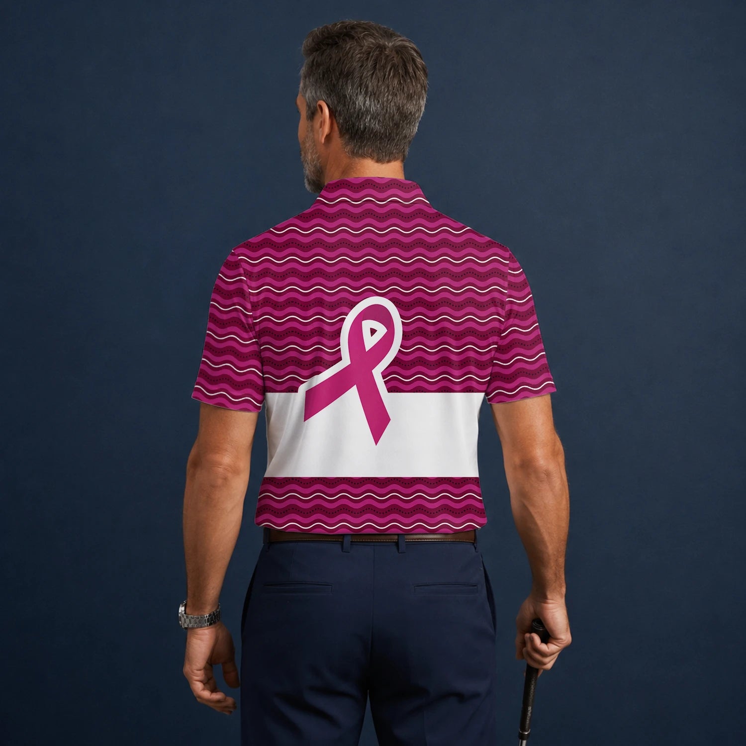 Personalisiertes Golf Poloshirt Rosa Brustkrebs Awareness Schleifen Wellen Design für Herren B1640