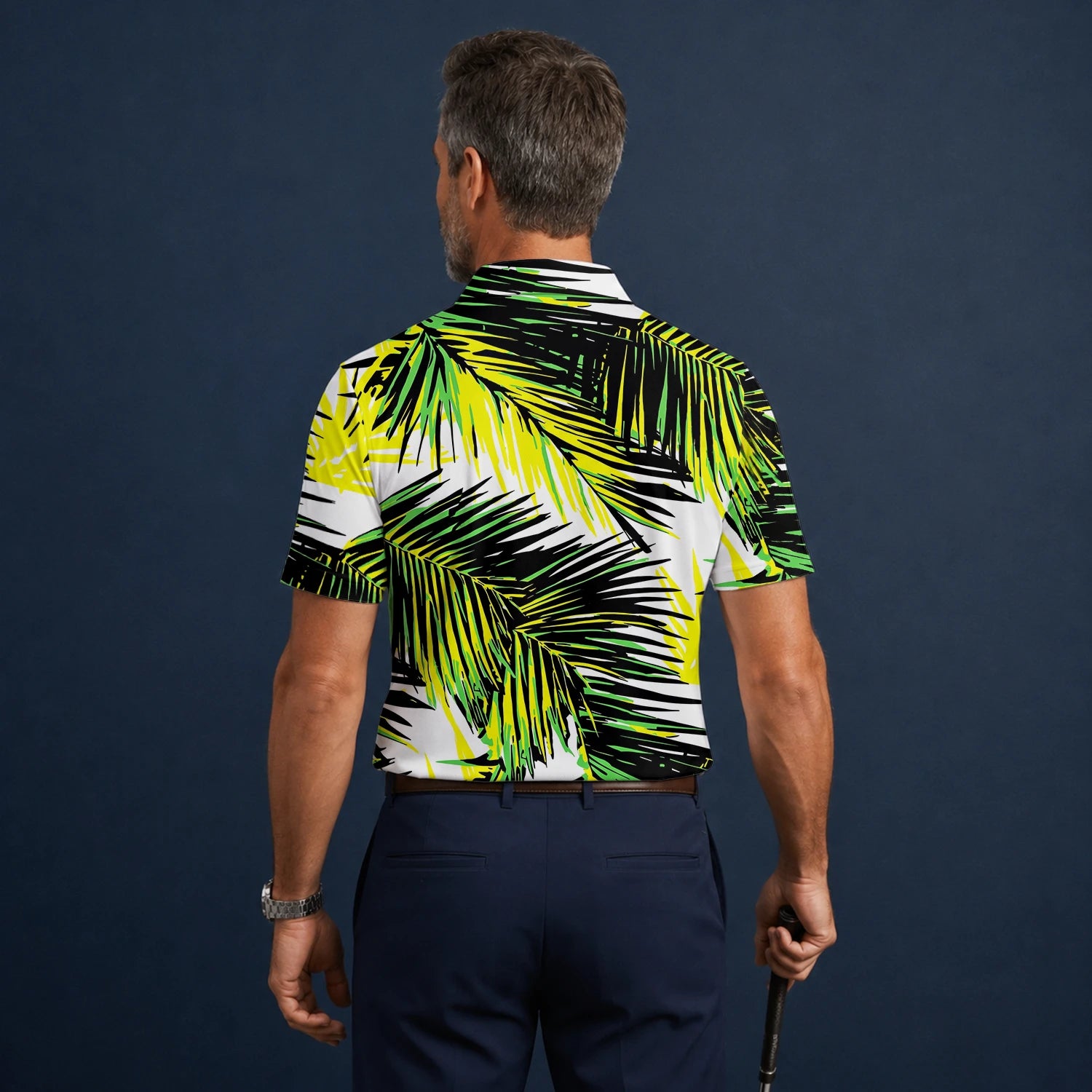 Personalisiertes Golf Poloshirt Schwarz Limettengrünes Tropisches Palmenblätter Design für Herren R3070