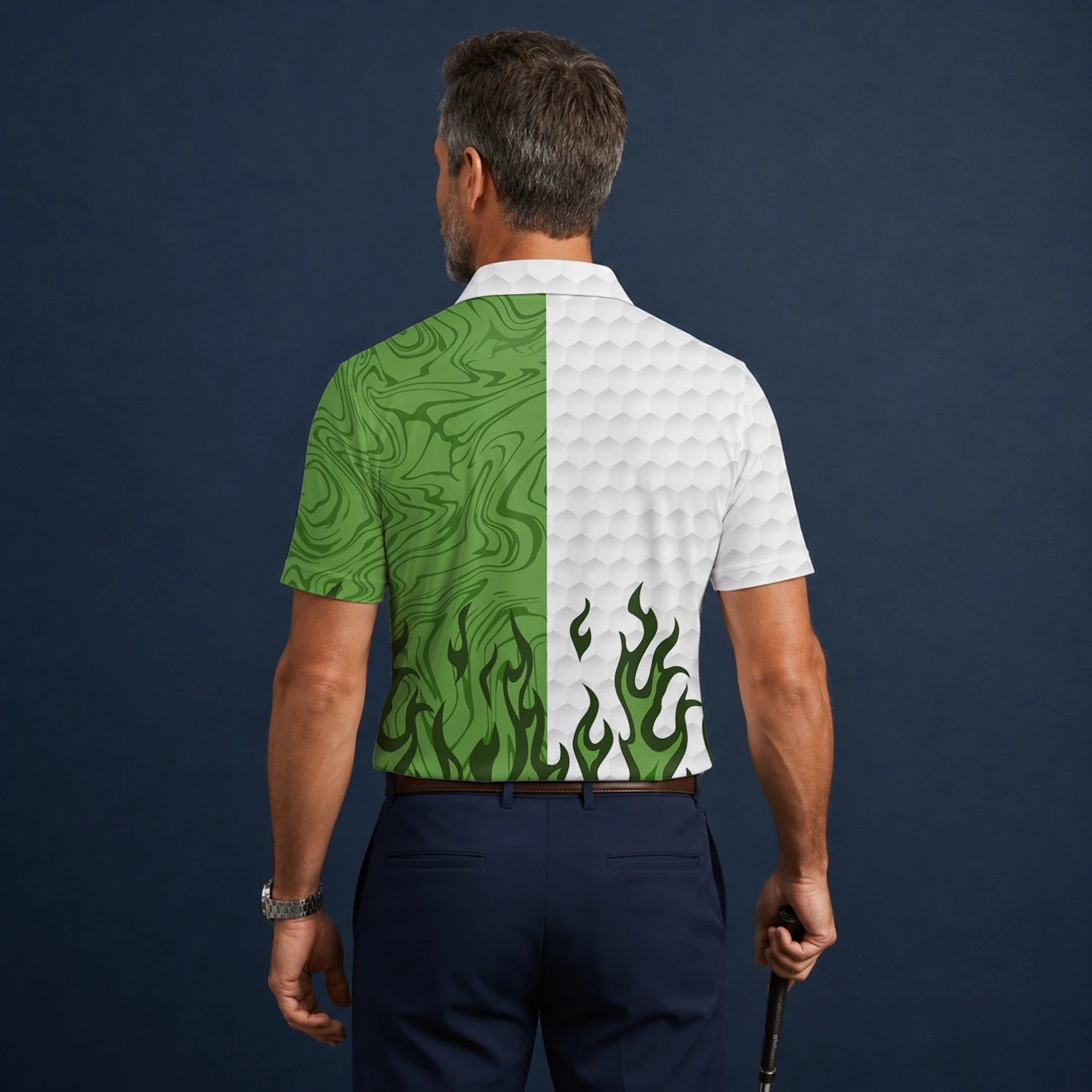 Personalisiertes Golf Poloshirt Weiß Grünes Flammen Marmor Design für Herren D2353