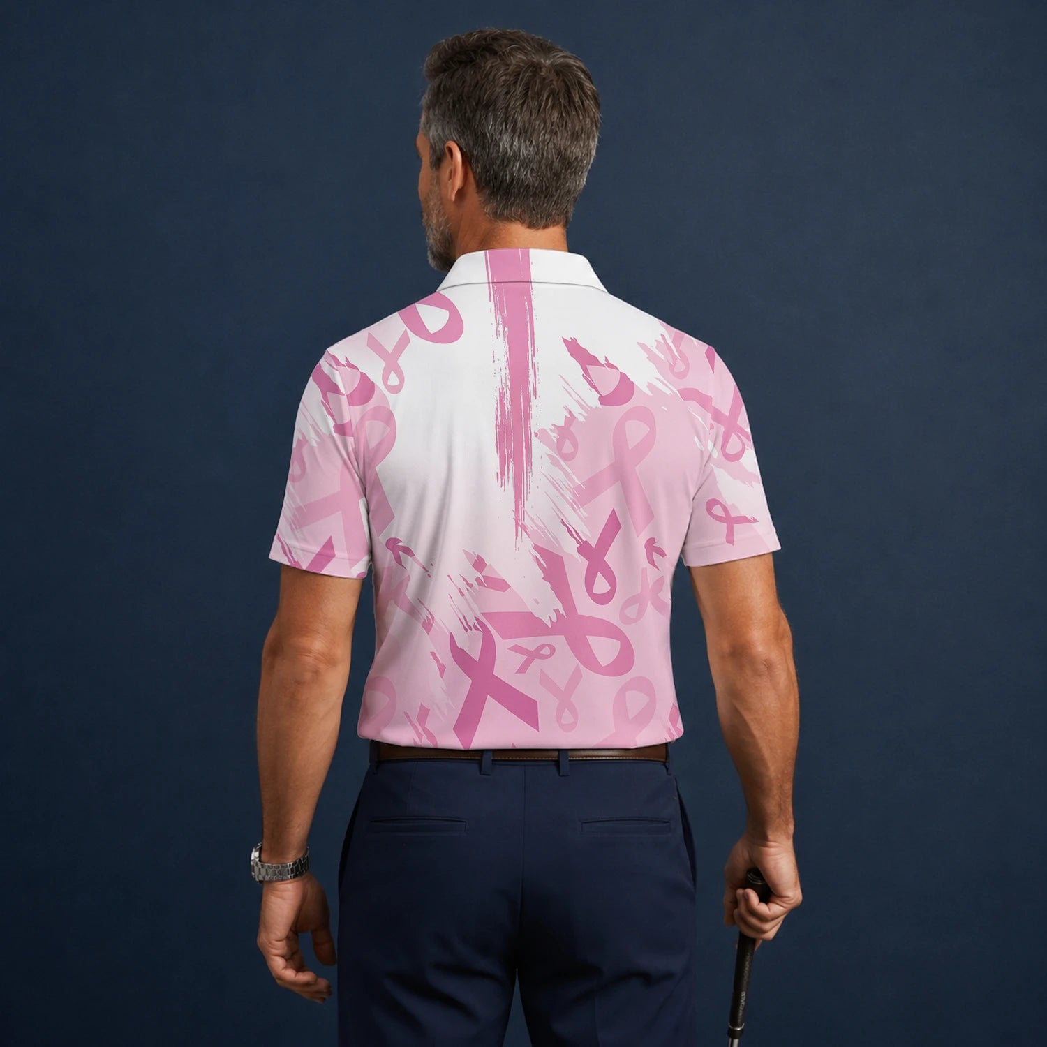 Personalisiertes Golf Poloshirt Weiß Rosa Brustkrebs Awareness Schleifen Pinselstrich Design für Herren U4702