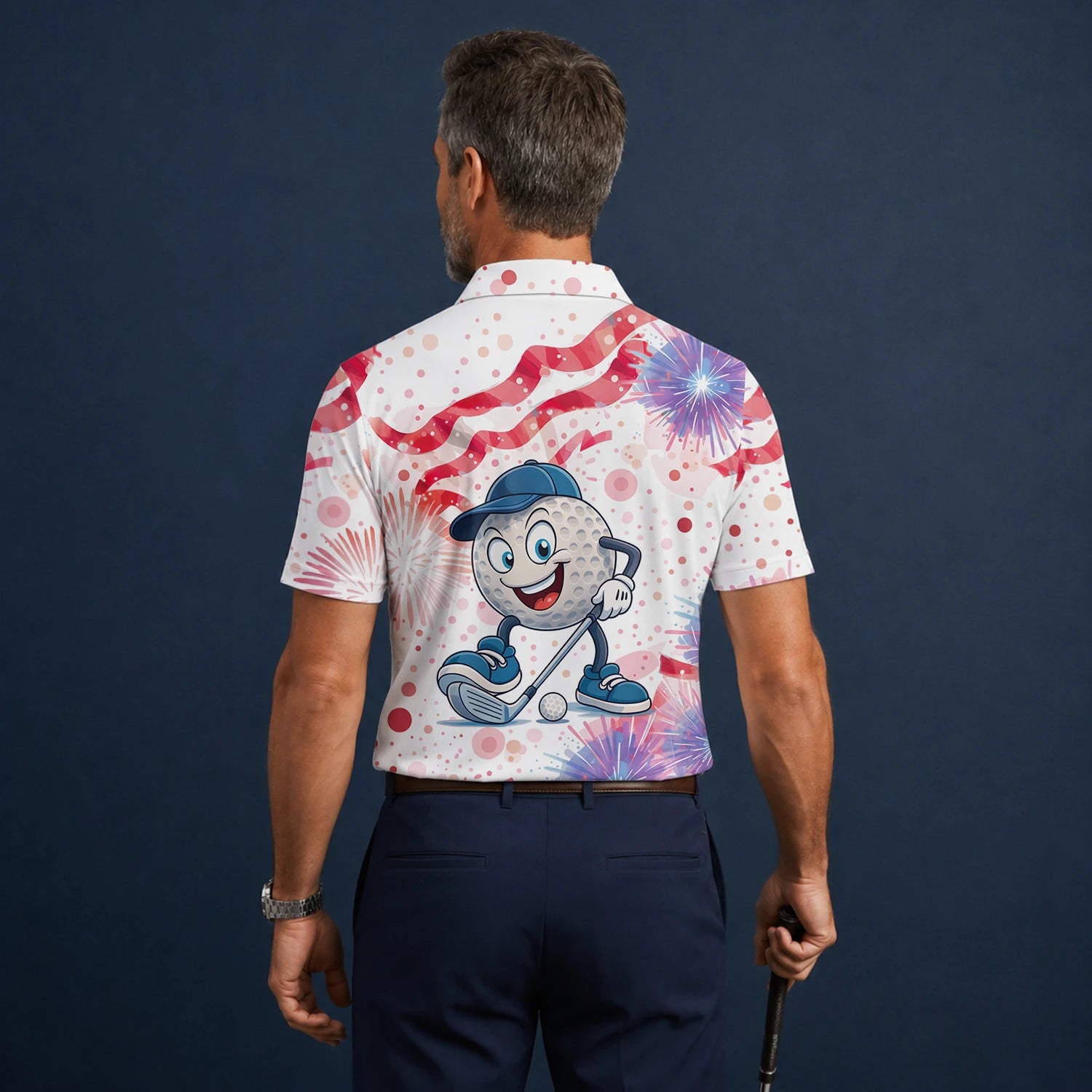 Personalisiertes Golf Poloshirt Weiß Rosa Golfball Cartoon Feuerwerk Design für Herren C2083