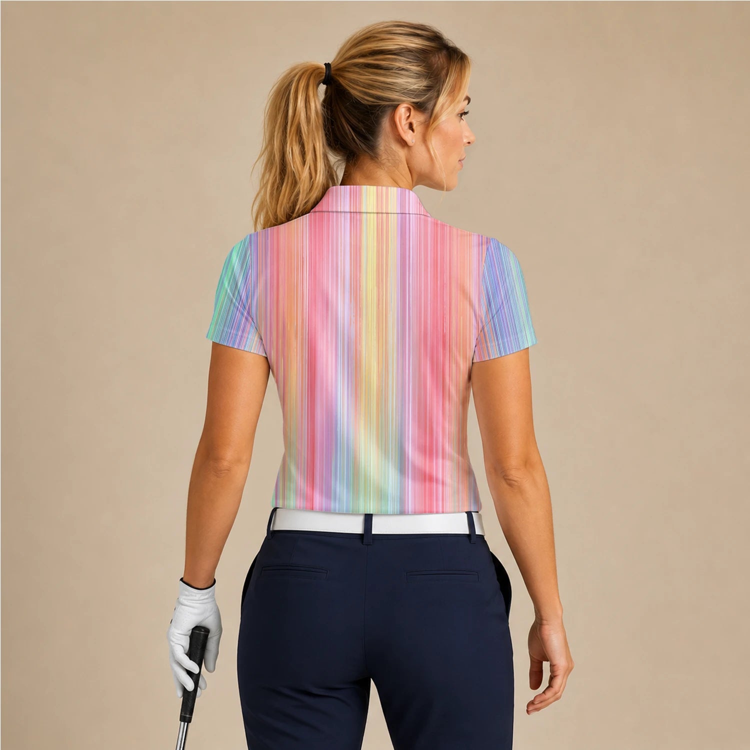 Personalisiertes Golf Poloshirt Pastell Regenbogen Streifen Design für Damen C5307