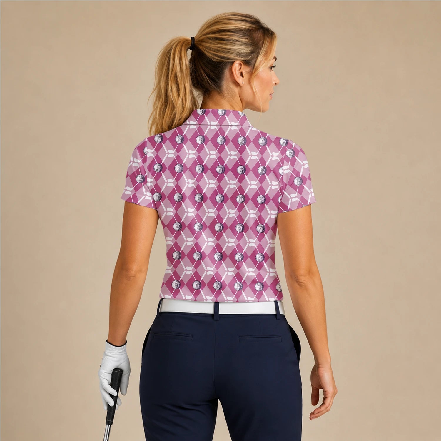 Personalisiertes Golf Poloshirt Rosa Rauten Golfball Design für Damen X0000