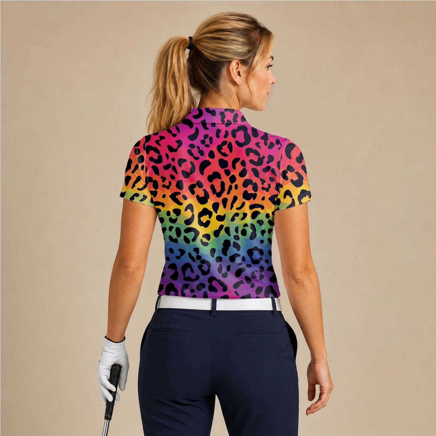 Personalisiertes Golf Poloshirt Regenbogen Leo Print Design für Damen X1632