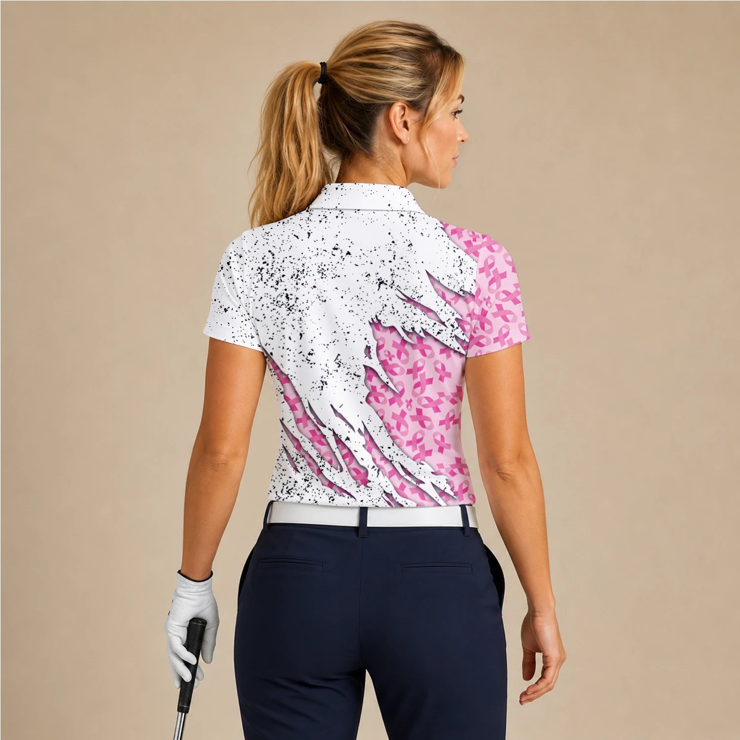 Personalisiertes Golf Poloshirt Weiß Rosa Brustkrebs Schleifen Zerrissenes Design für Damen B7190