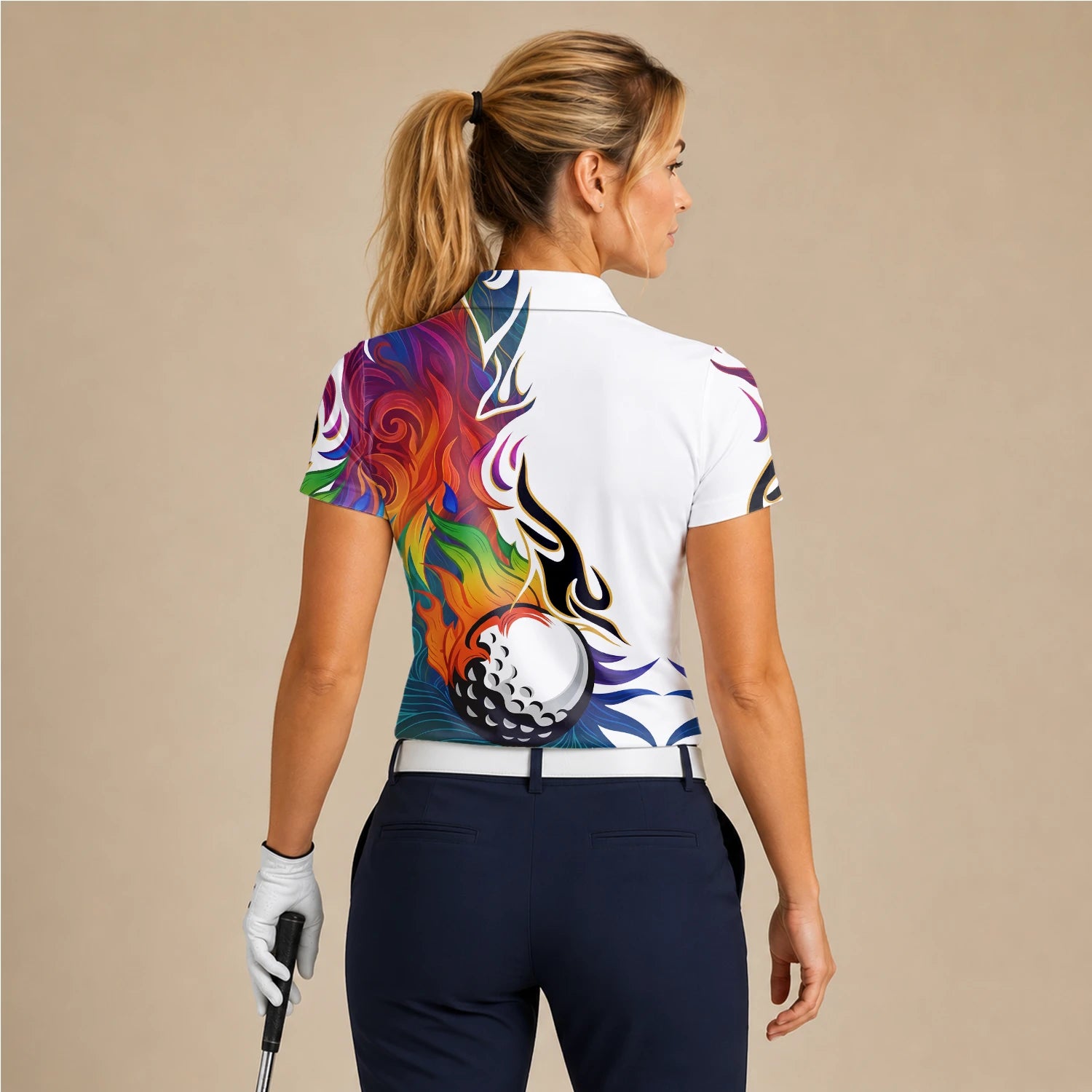 Personalisiertes Golf Poloshirt Weißes Regenbogen Flammen Golfball Design für Damen P6012