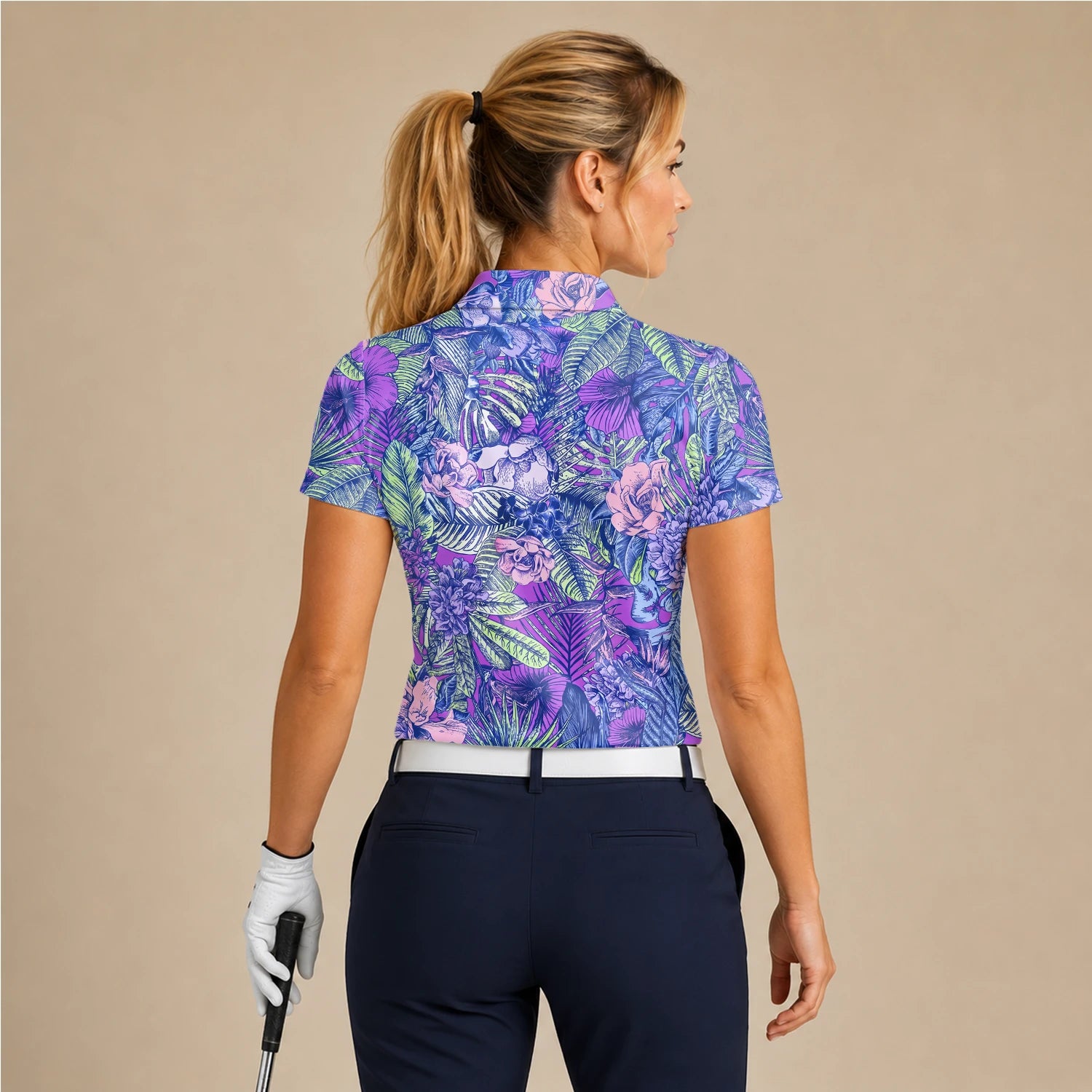 Personalisiertes Golf Poloshirt Lila Blaues Tropisches Blumen Blätter Design für Damen B8037