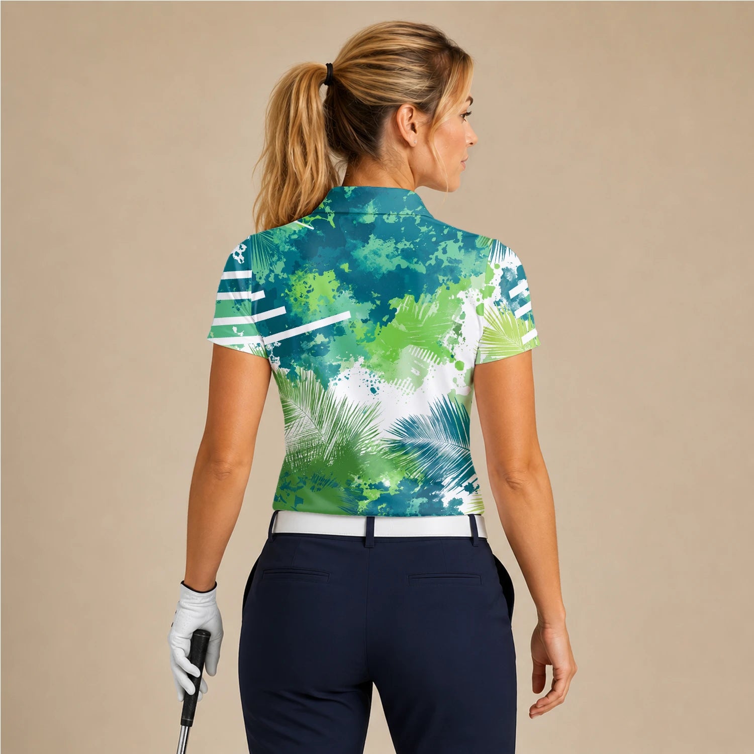 Personalisiertes Golf Poloshirt Grün Blaues Tropisches Blätter Farbklecks Design für Damen B7869