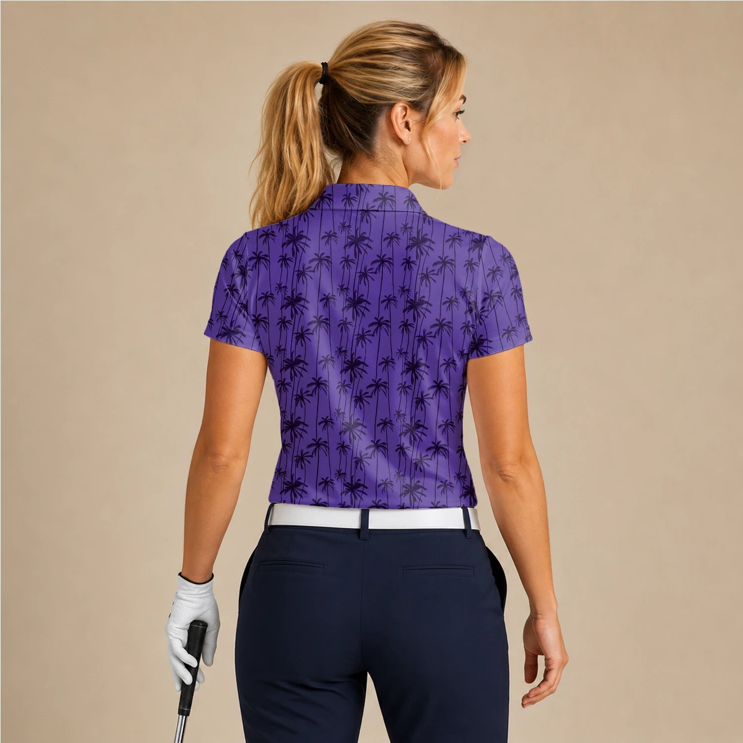 Personalisiertes Golf Poloshirt Lila Palmen Silhouetten Design für Damen P3247