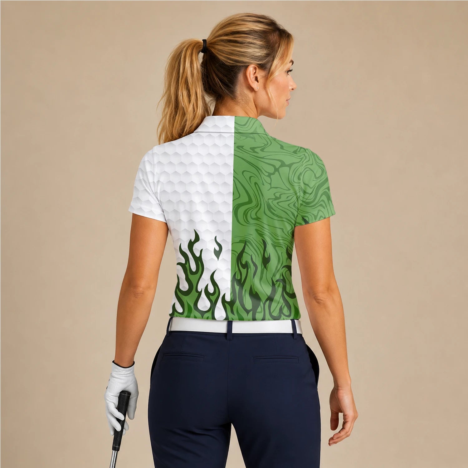 Personalisiertes Golf Poloshirt Weiß Grünes Flammen Marmor Design für Damen D2353