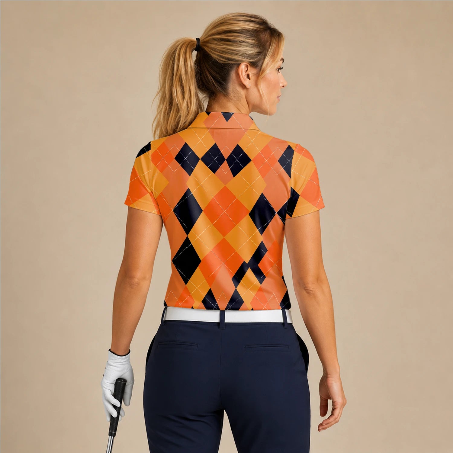 Personalisiertes Golf Poloshirt Orange Schwarzes Rauten Muster für Damen C4203