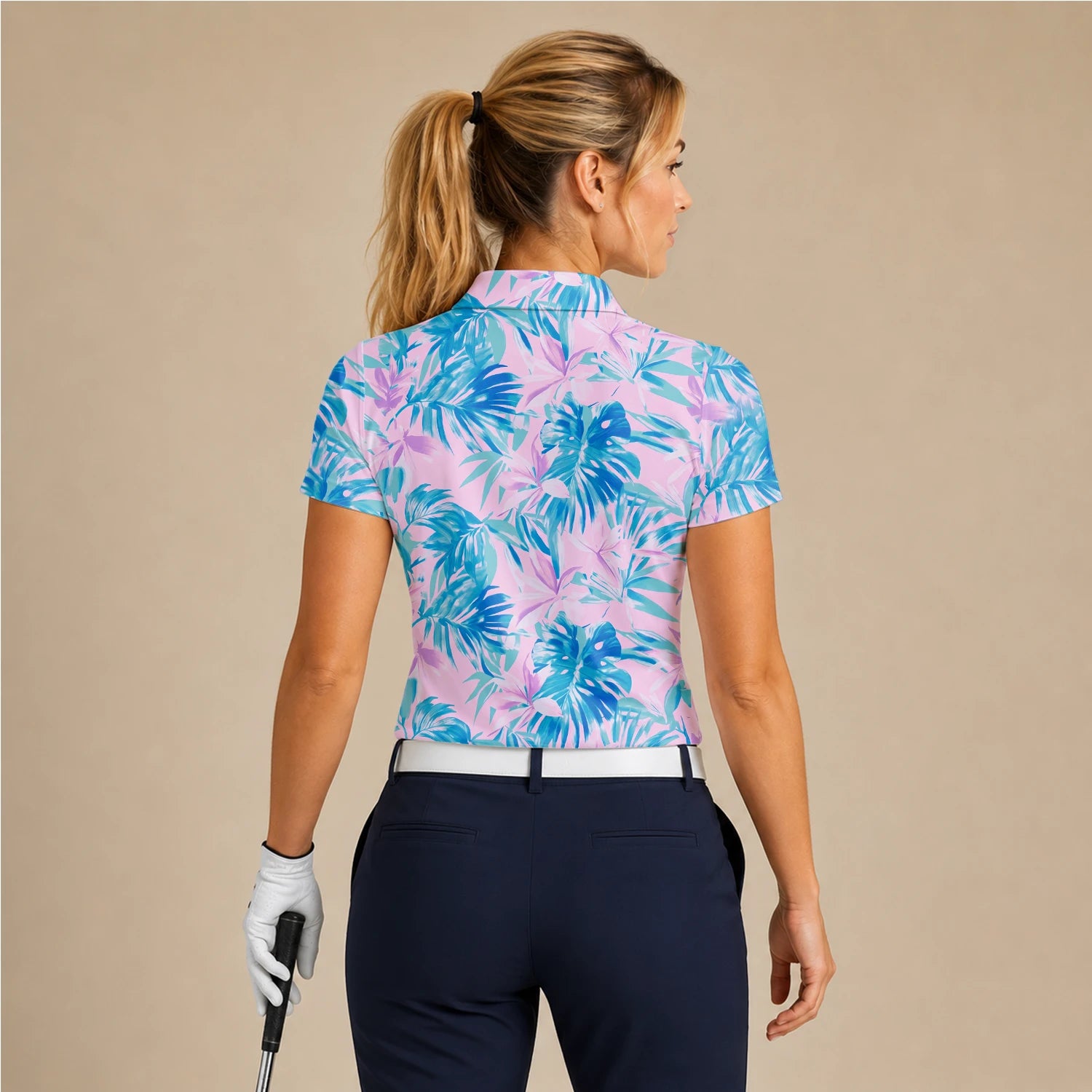 Personalisiertes Golf Poloshirt Rosa Blaues Tropisches Blätter Design für Damen K0497