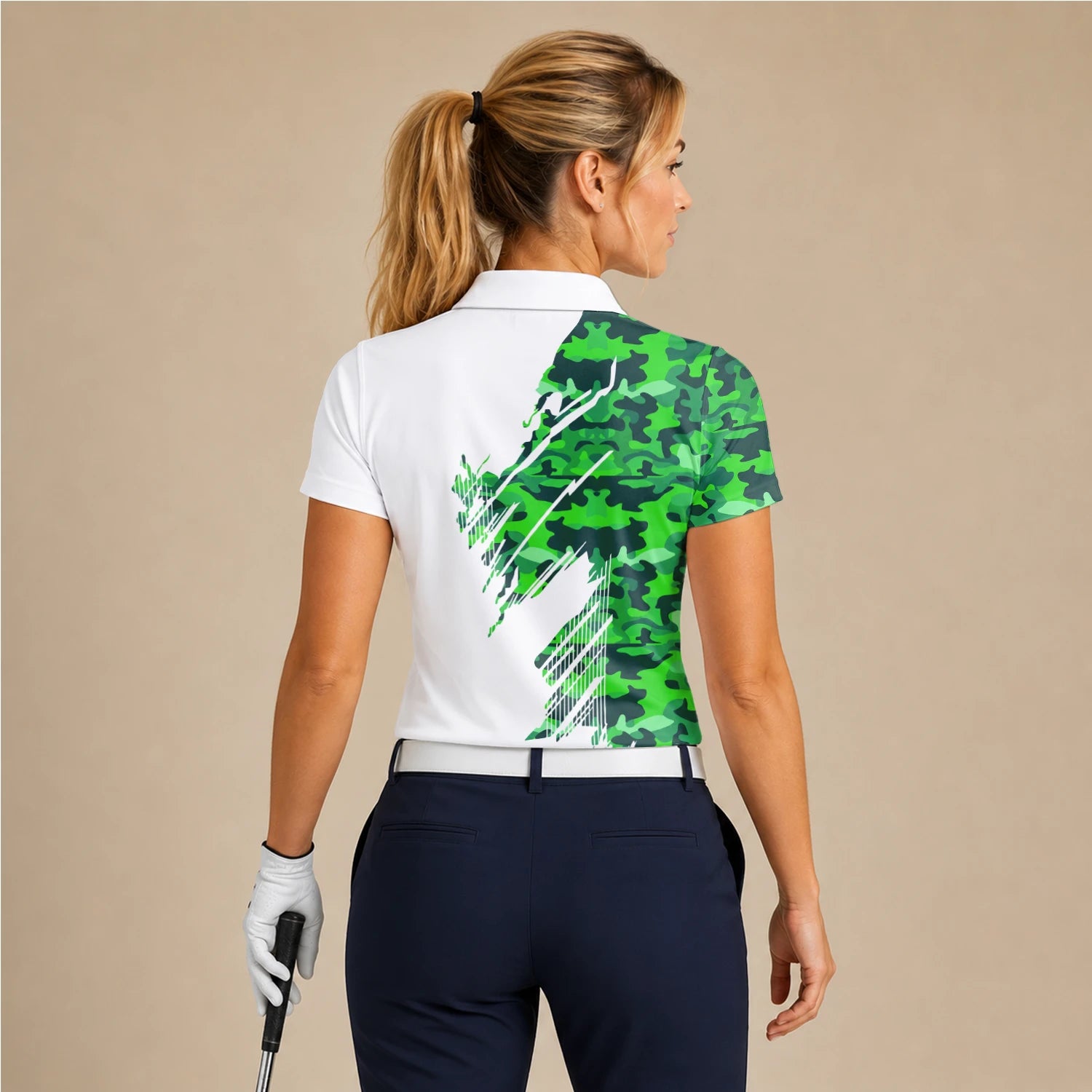 Personalisiertes Golf Poloshirt Weiß Grünes Camo Pinselstreifen Design für Damen E9788