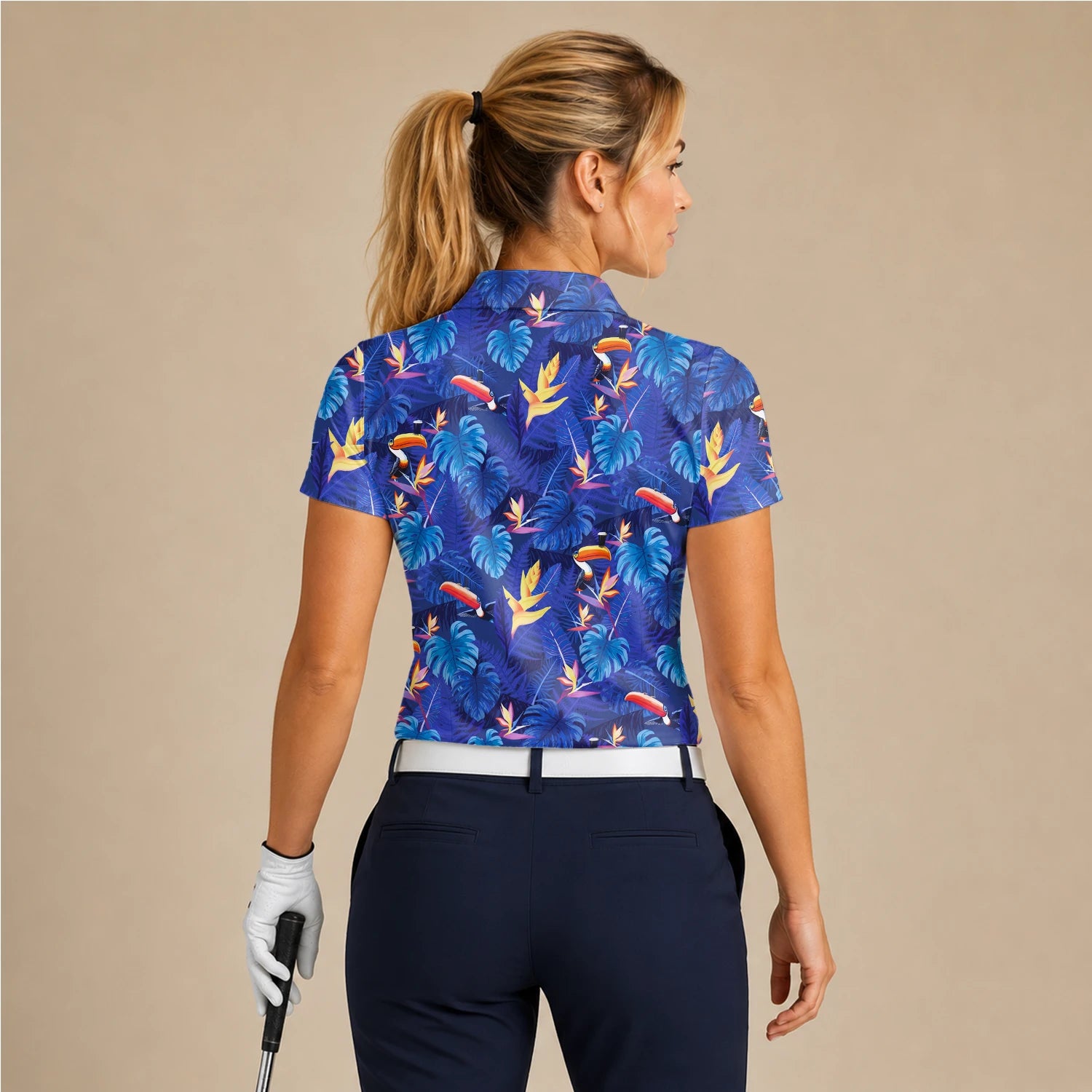 Personalisiertes Golf Poloshirt Marineblaues Tropisches Tukan Blätter Design für Damen S1836