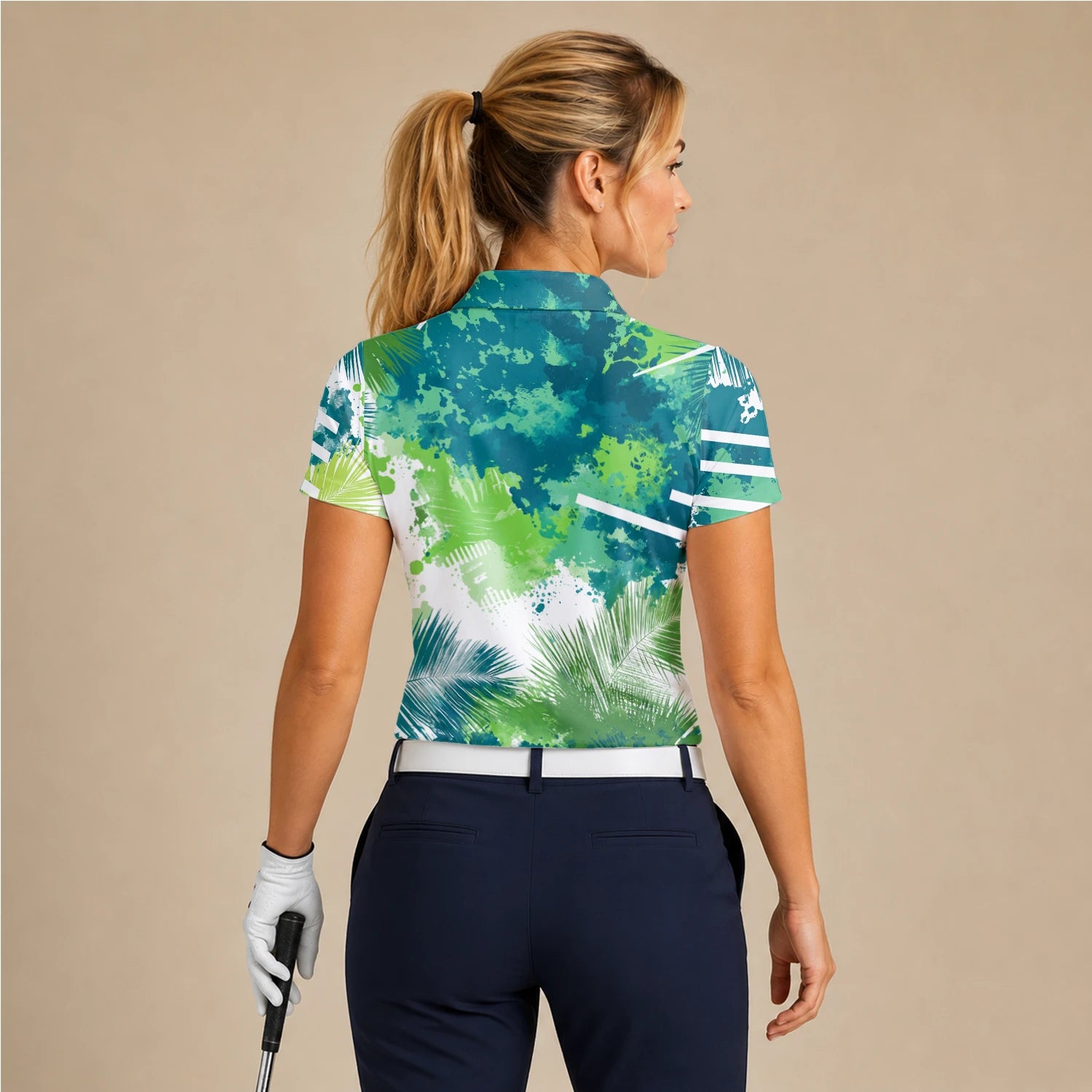 Personalisiertes Golf Poloshirt Grün Blaues Tropisches Blätter Farbklecks Design für Damen B7869