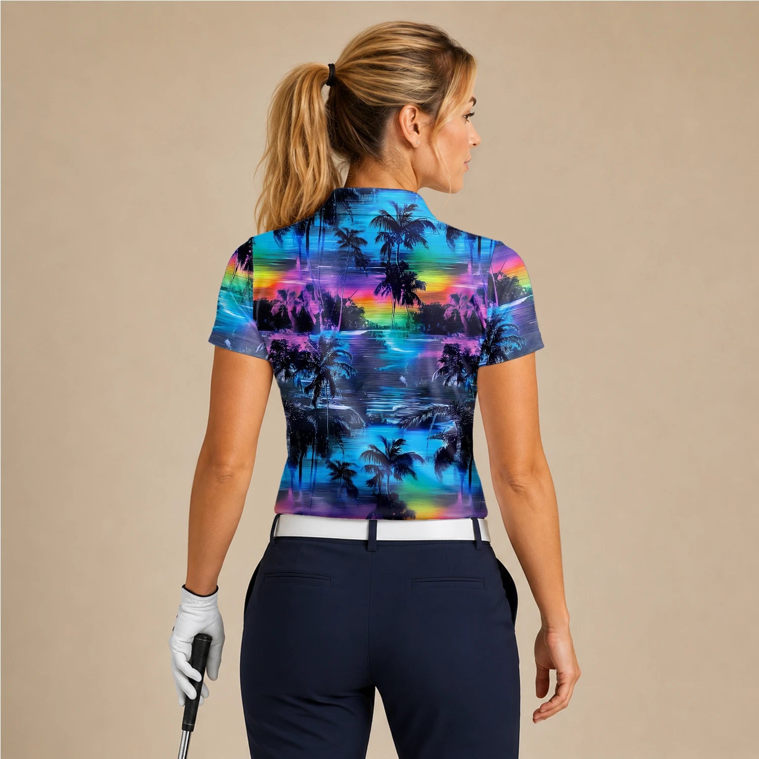 Personalisiertes Golf Poloshirt Blau Lila Palmen Sonnenuntergang Design für Damen K8435