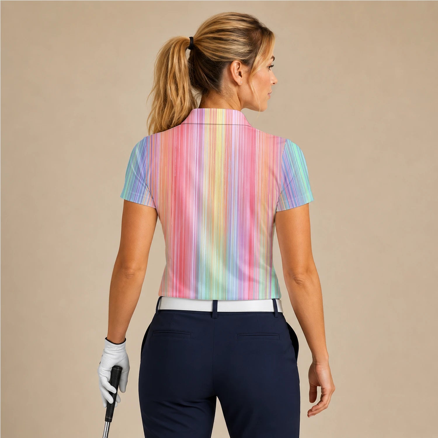 Personalisiertes Golf Poloshirt Pastell Regenbogen Streifen Design für Damen C5307