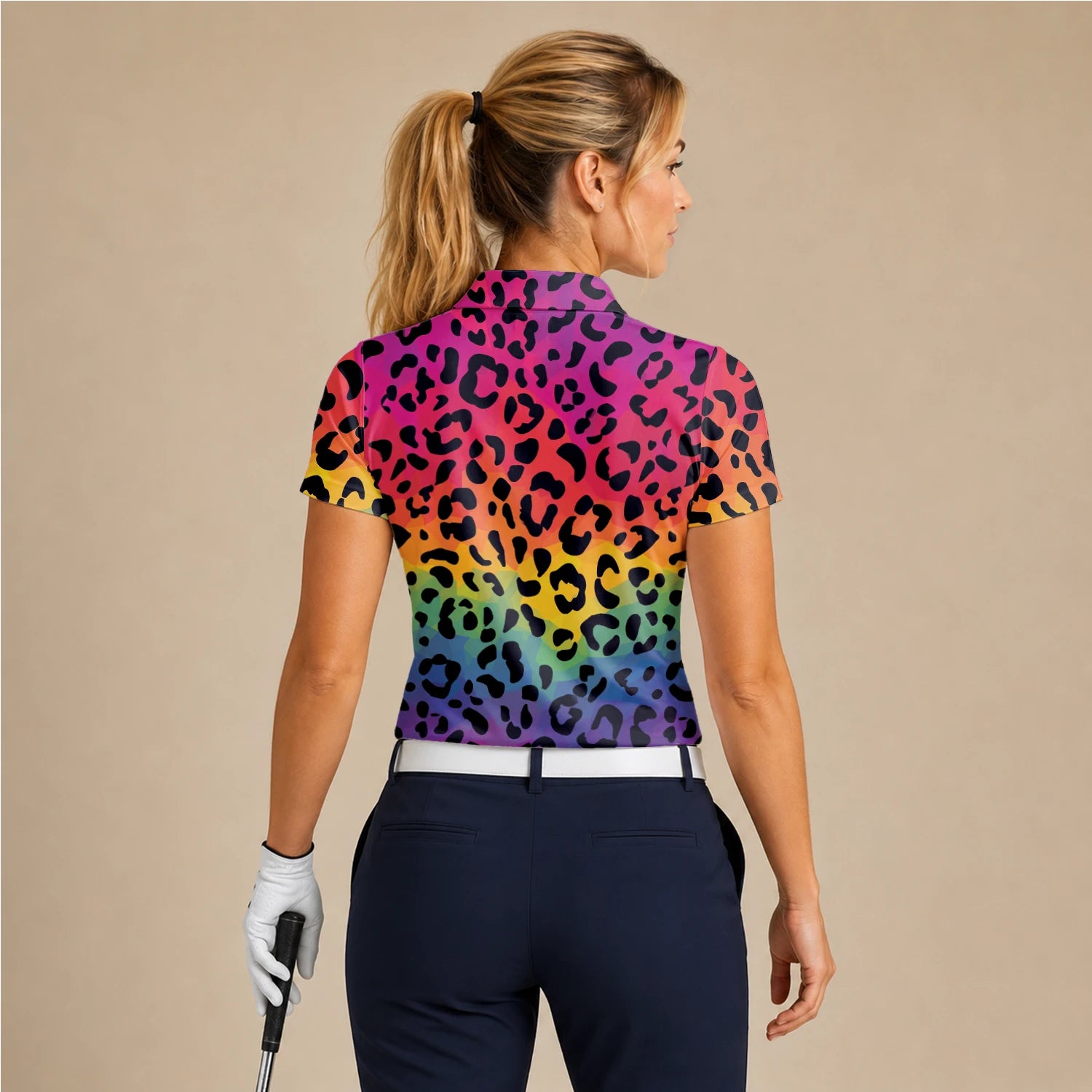 Personalisiertes Golf Poloshirt Regenbogen Leo Print Design für Damen X1632