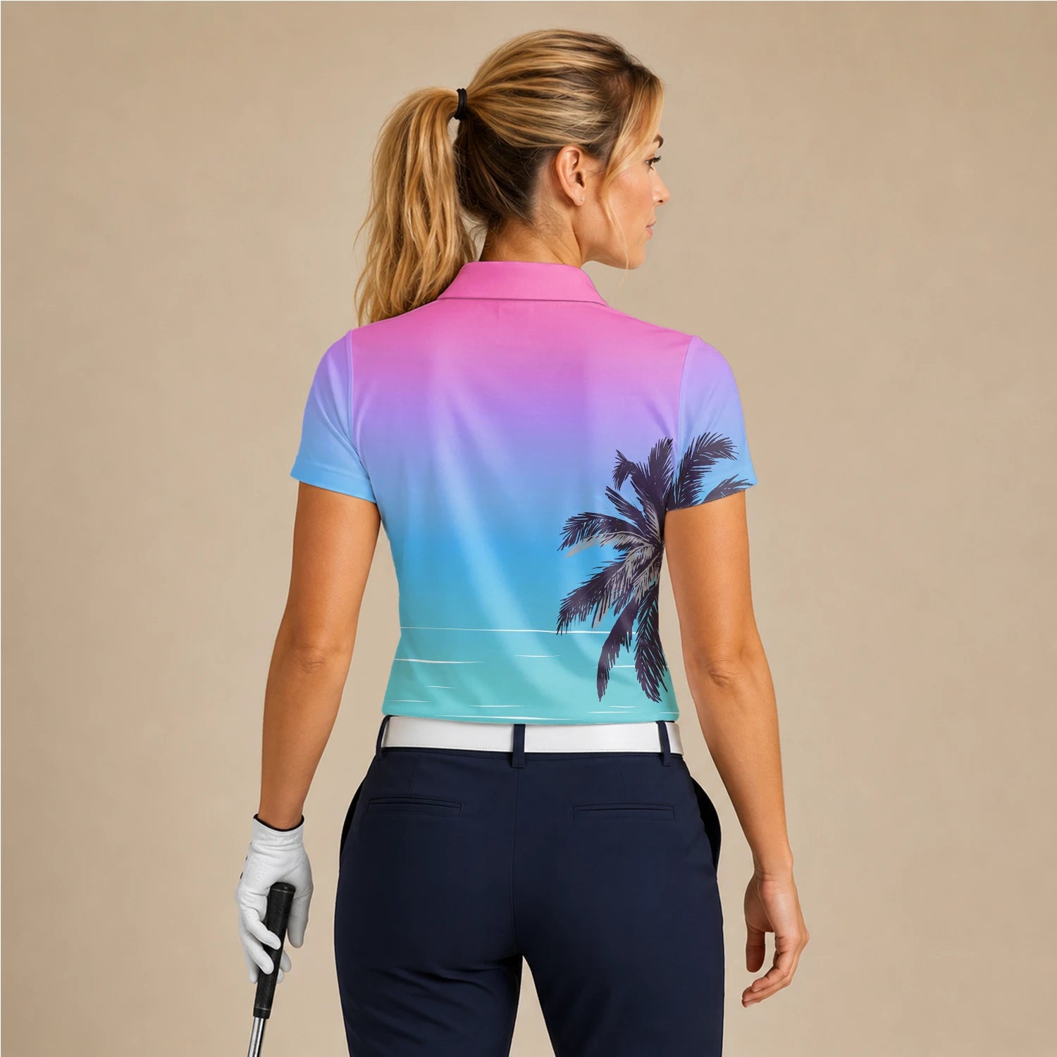 Personalisiertes Golf Poloshirt Rosa Blaues Palmen Strand Sonnenuntergang Design für Damen Q3519