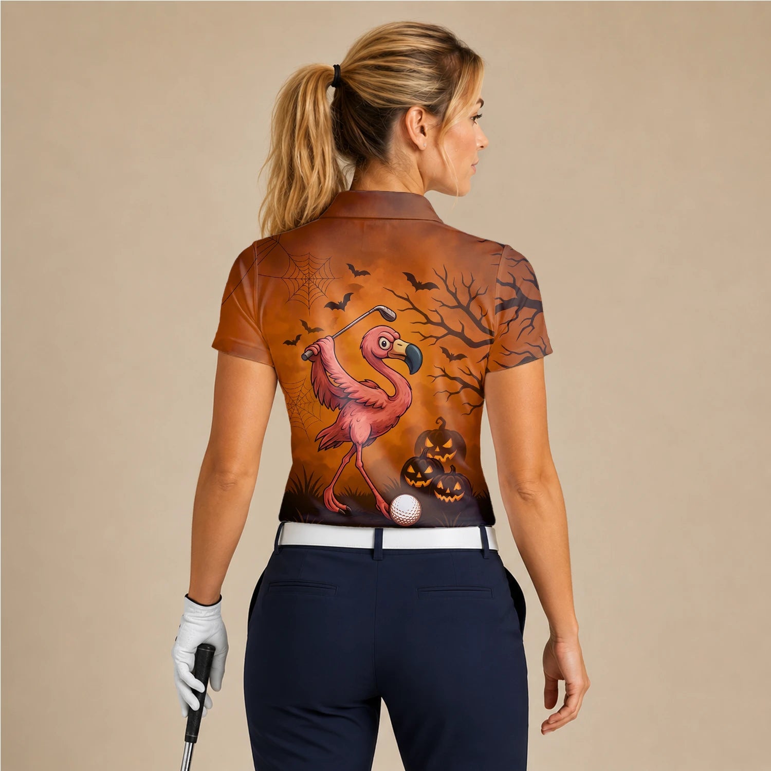 Personalisiertes Golf Poloshirt Orange Halloween Flamingo Golfer Kürbis Design für Damen V7072
