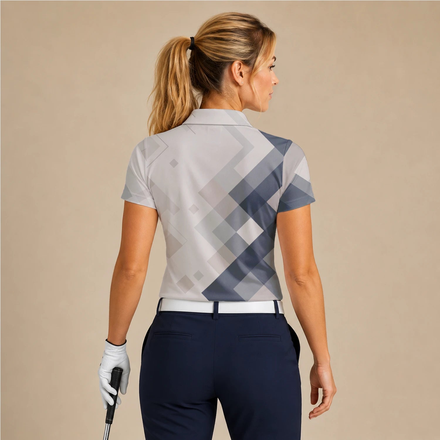 Personalisiertes Golf Poloshirt Beige Graues Rauten Muster für Damen Z6499