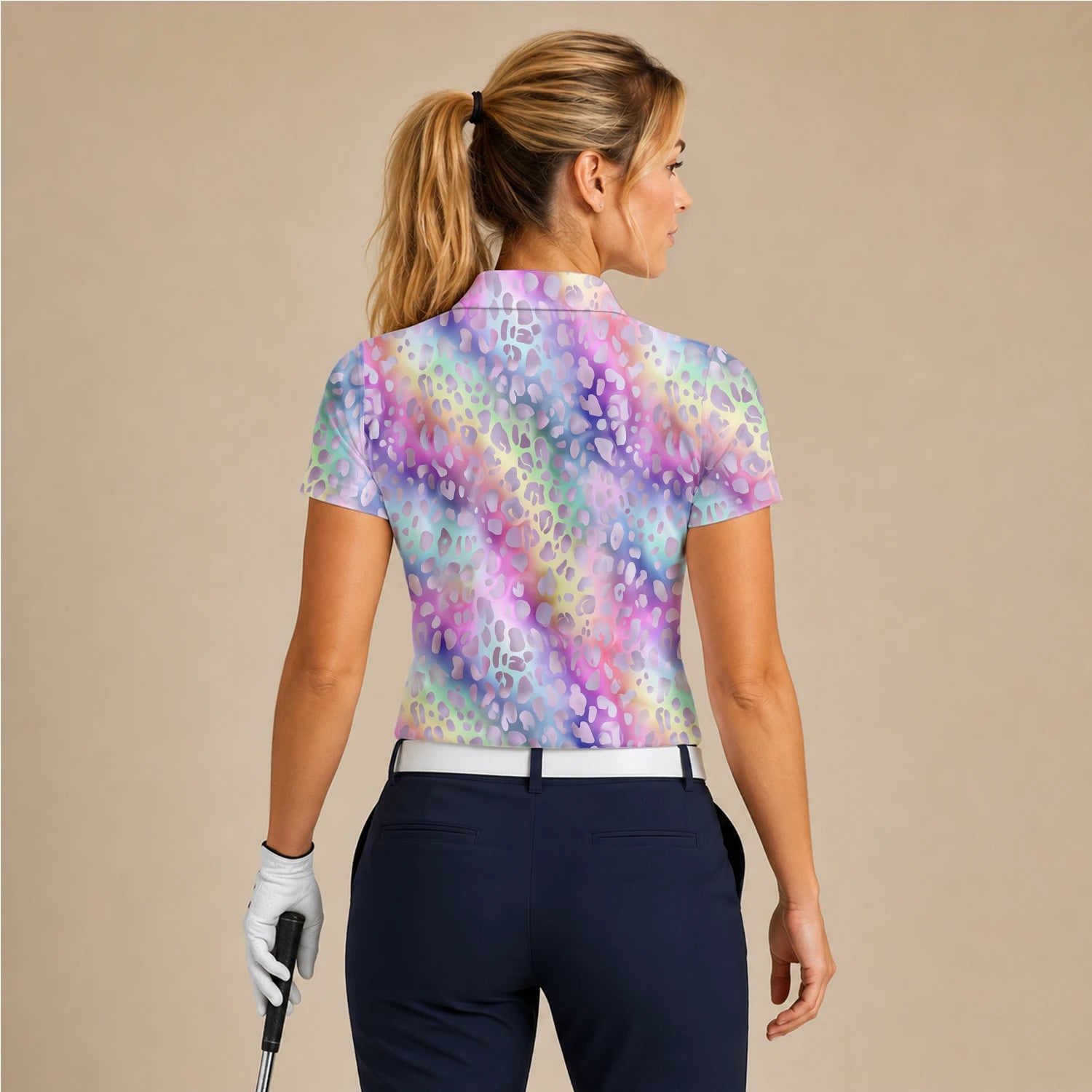 Personalisiertes Golf Poloshirt Pastell Regenbogen Leo Print Design für Damen E5373