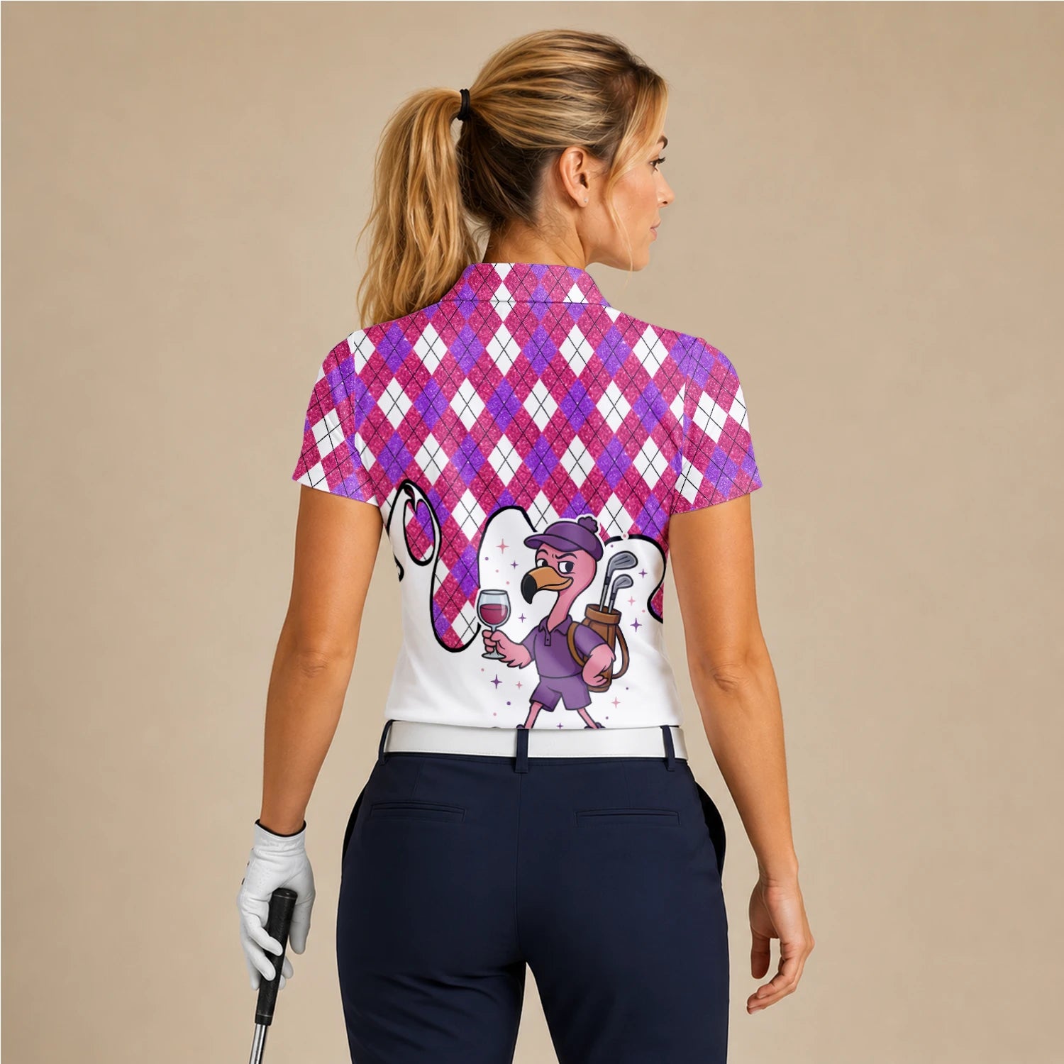 Personalisiertes Golf Poloshirt Pink Lila Rauten Strauß Golfer Cartoon Design für Damen D7000