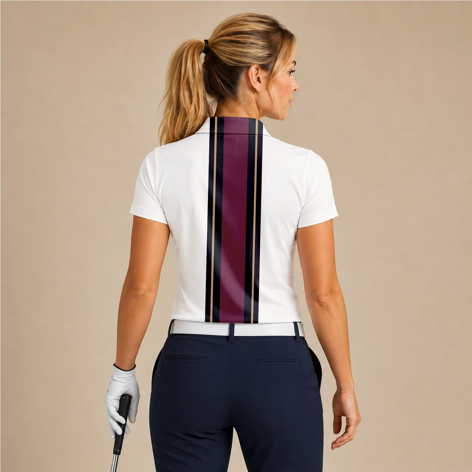Personalisiertes Golf Poloshirt Weiß Bordeaux Schwarzes Rennstreifen Design für Damen G7028