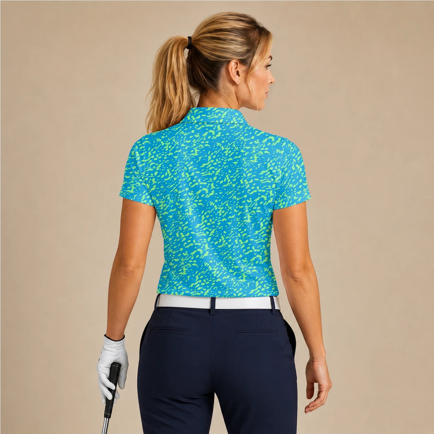 Personalisiertes Golf Poloshirt Türkis Limettengrünes Farbklecks Design für Damen G8287
