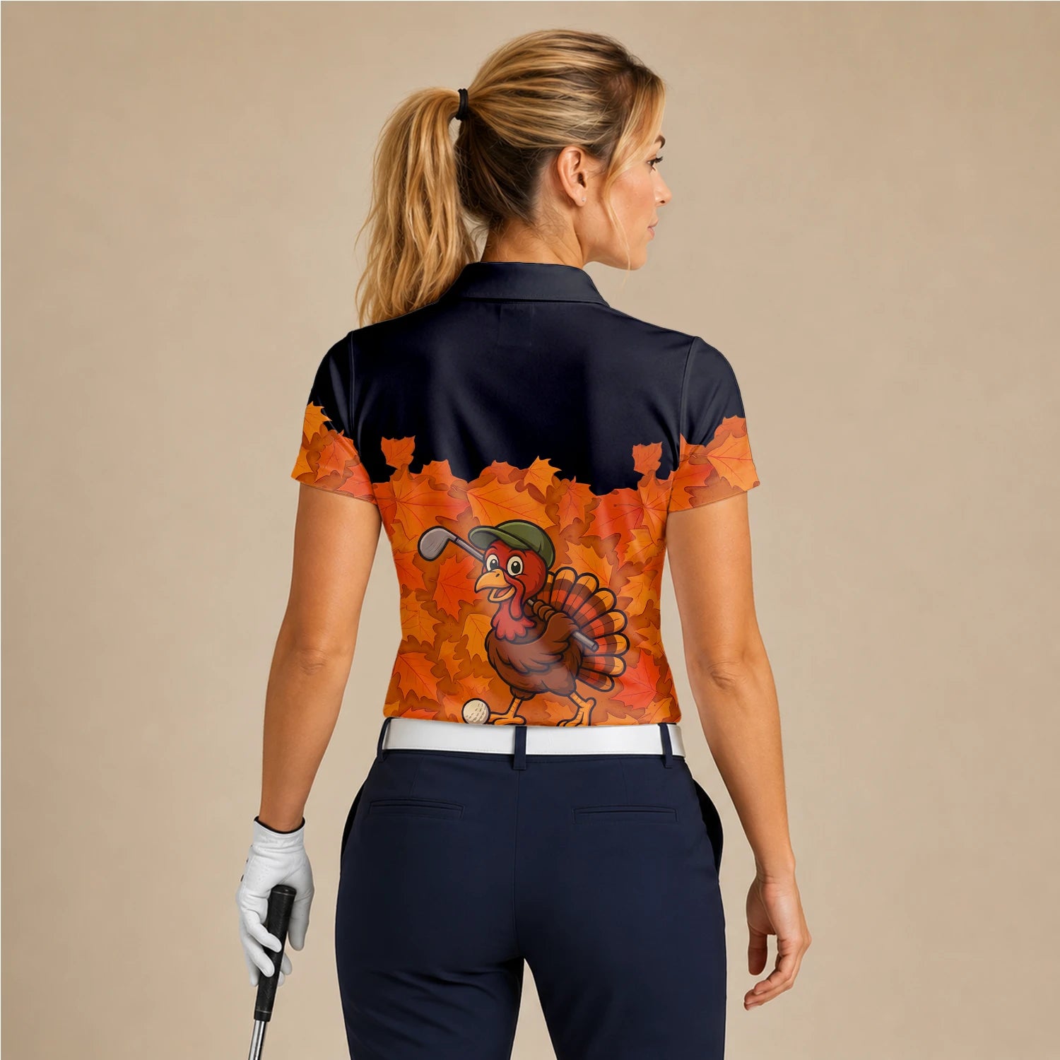 Personalisiertes Golf Poloshirt Schwarz Orange Thanksgiving Truthahn Golfer Design für Damen W0964