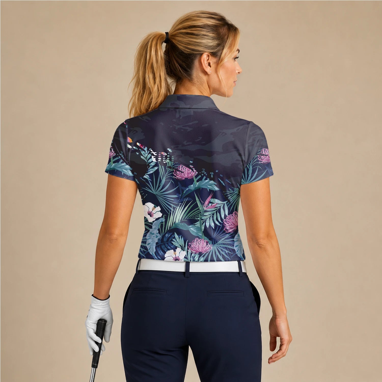 Personalisiertes Golf Poloshirt Marineblaues Tropisches Blumen Blätter Design für Damen N4110