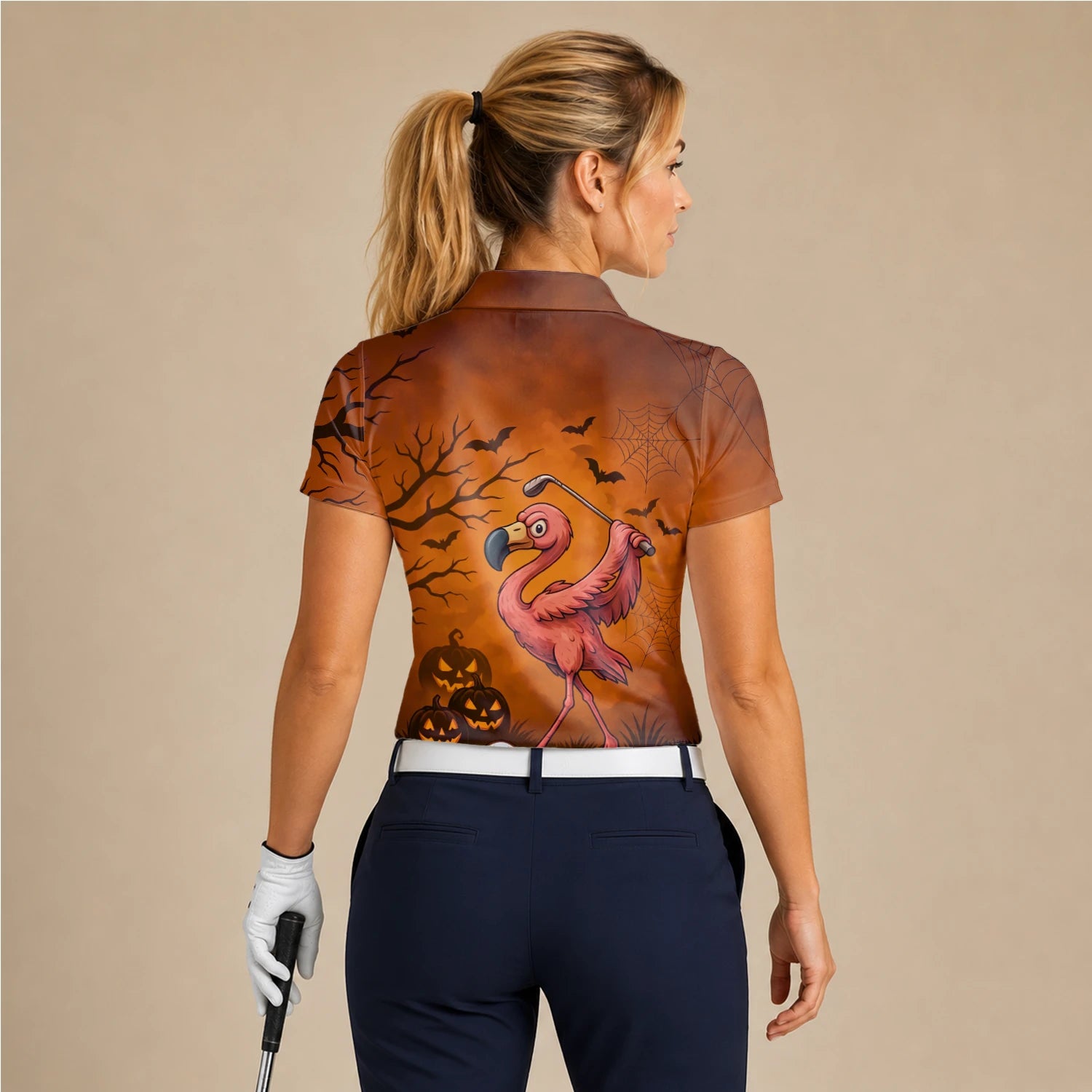 Personalisiertes Golf Poloshirt Orange Halloween Flamingo Golfer Kürbis Design für Damen V7072