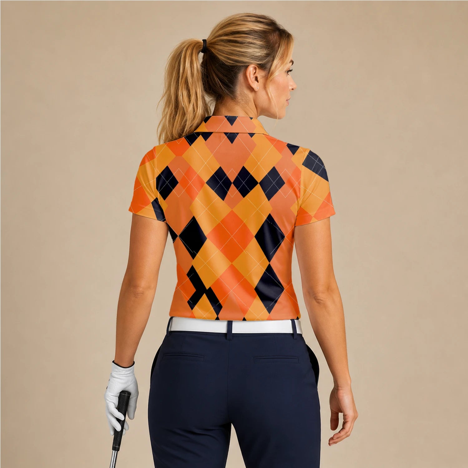 Personalisiertes Golf Poloshirt Orange Schwarzes Rauten Muster für Damen C4203