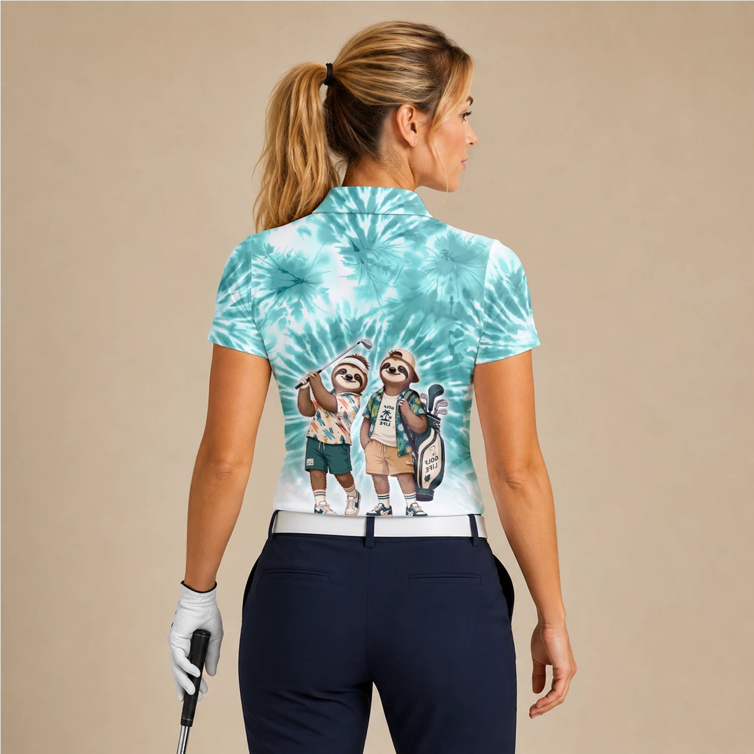 Personalisiertes Golf Poloshirt Türkis Faultier Golfer Cartoon Design für Damen C1614