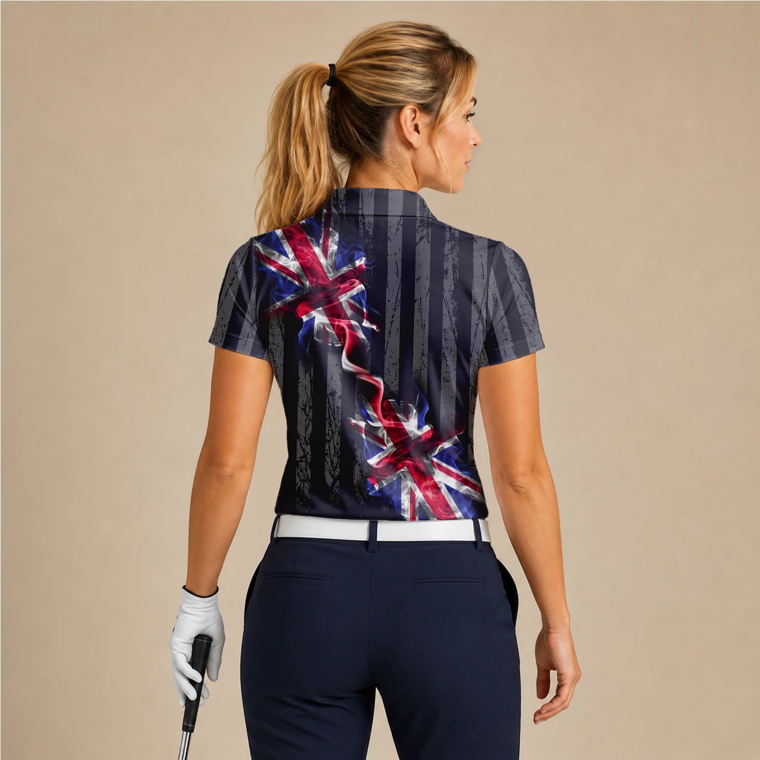 Personalisiertes Golf Poloshirt Schwarz Union Jack Blitz Design für Damen U9443