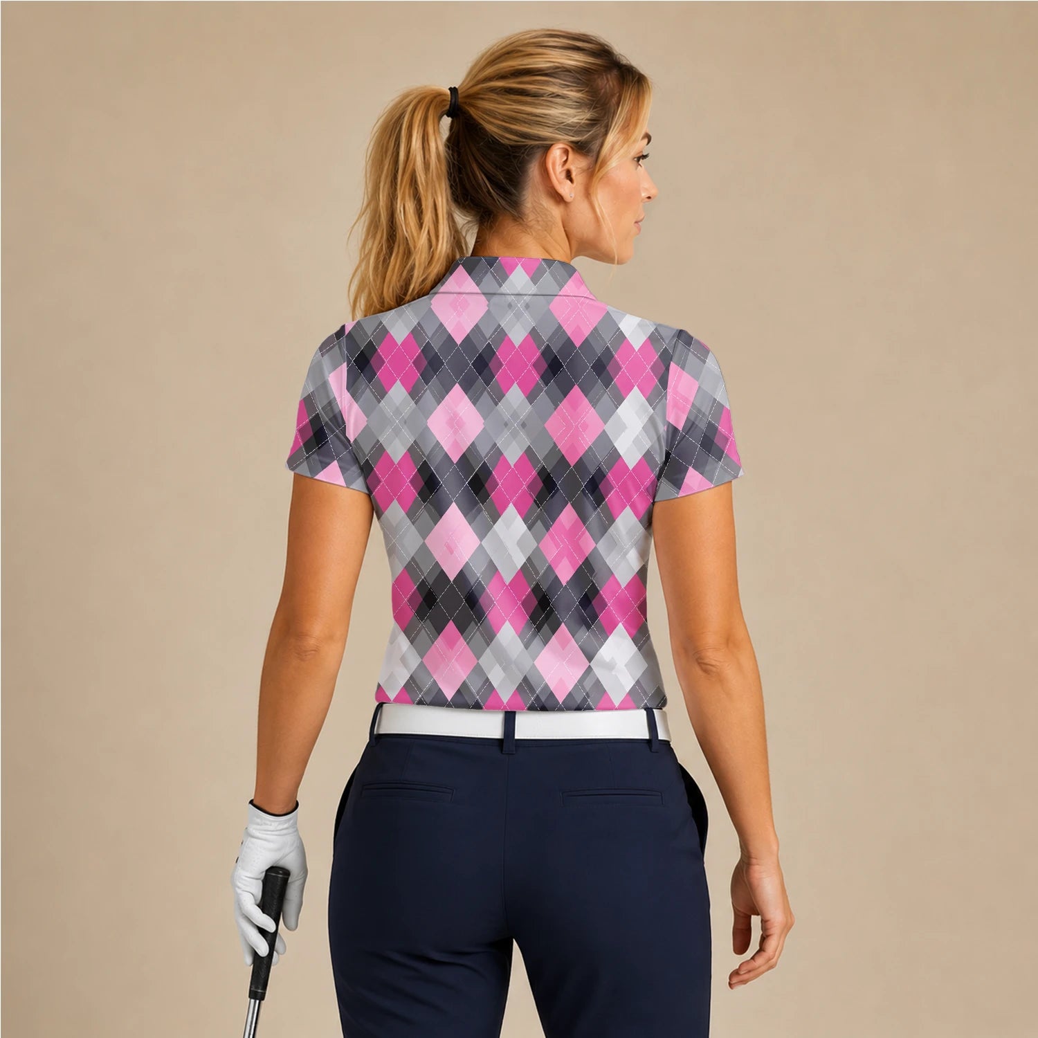 Personalisiertes Golf Poloshirt Rosa Graues Rauten Muster für Damen Z9376