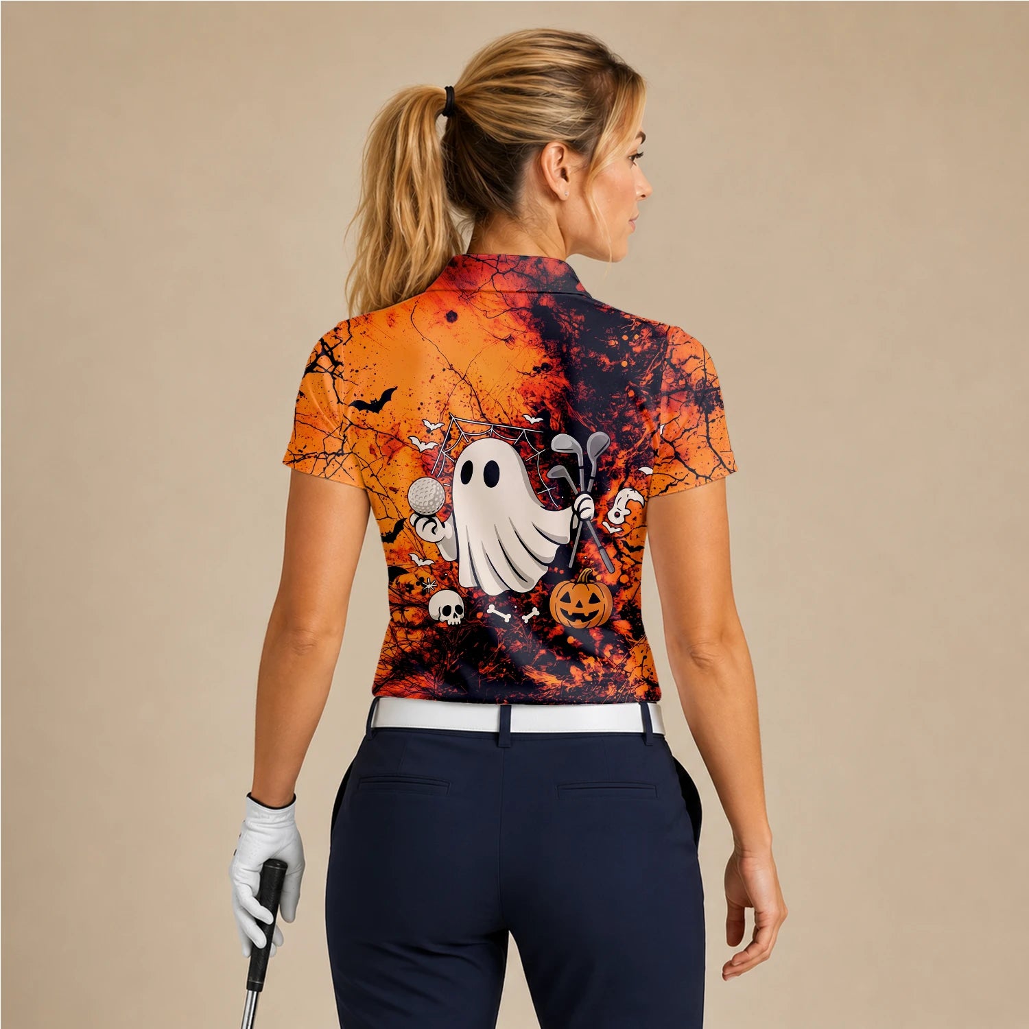Personalisiertes Golf Poloshirt Orange Halloween Gespenst Golfer Design für Damen M0695