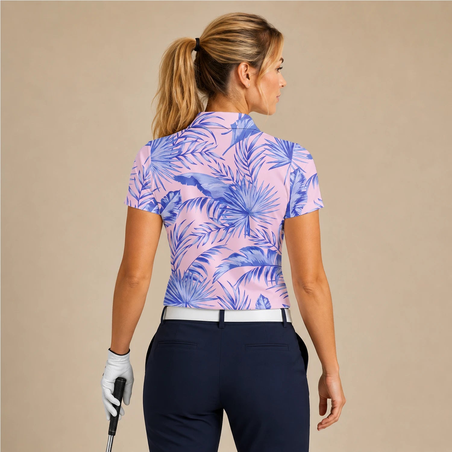 Personalisiertes Golf Poloshirt Rosa Lavendel Tropisches Palmenblätter Design für Damen M3354