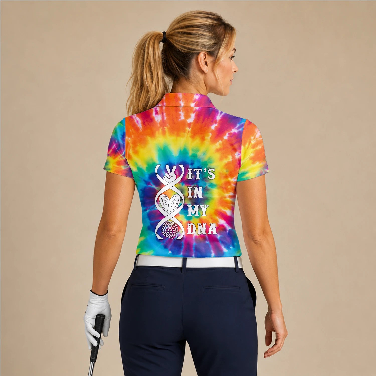 Personalisiertes Golf Poloshirt mit Regenbogen-Batik-Spirale für Damen S4610