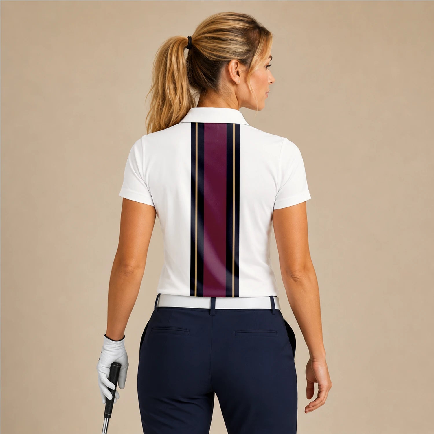 Personalisiertes Golf Poloshirt Weiß Bordeaux Schwarzes Rennstreifen Design für Damen G7028