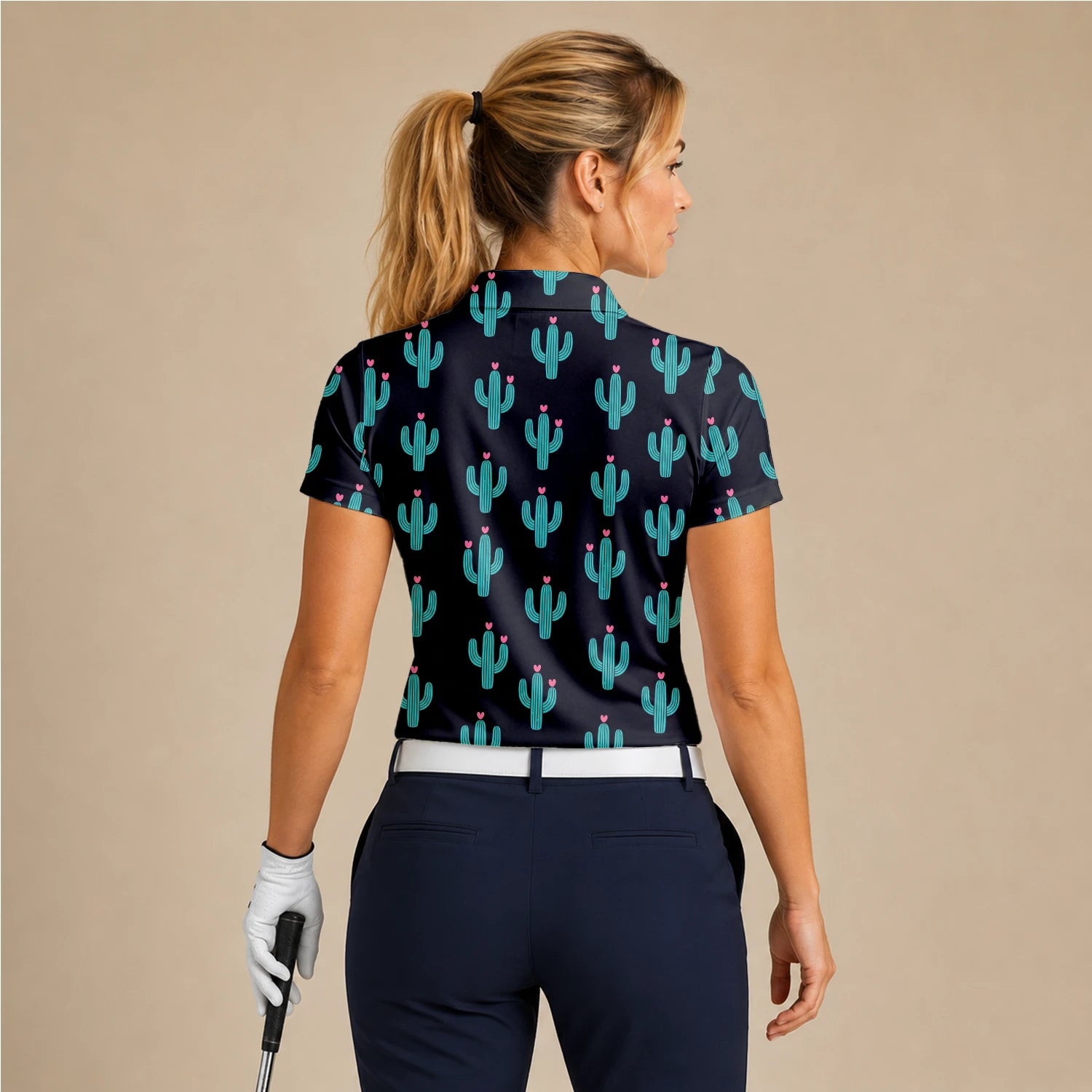 Personalisiertes Golf Poloshirt Schwarz Türkis Kaktus Herz Design für Damen L0709