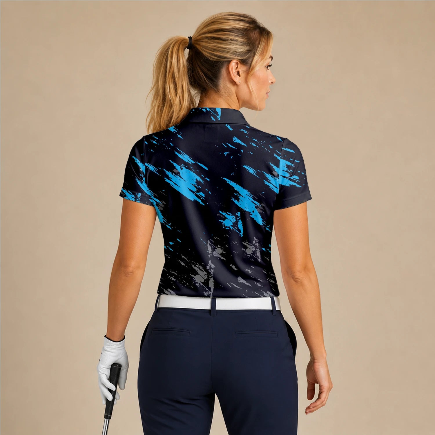 Personalisiertes Golf Poloshirt Schwarz Blaues Pinselstrich Design für Damen H3779