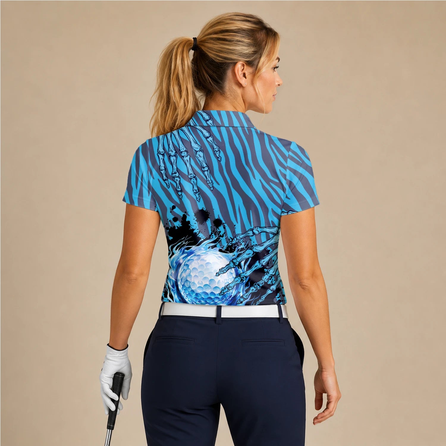 Personalisiertes Golf Poloshirt Blau Schwarzes Golfball Wasser Splash Design für Damen B9791