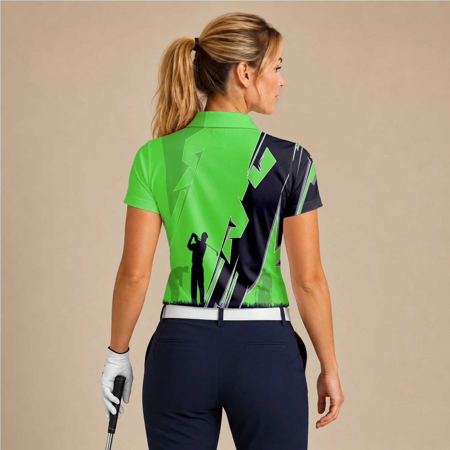 Personalisiertes Golf Poloshirt Limettengrünes Golfer Silhouetten Blitz Design für Damen V5316