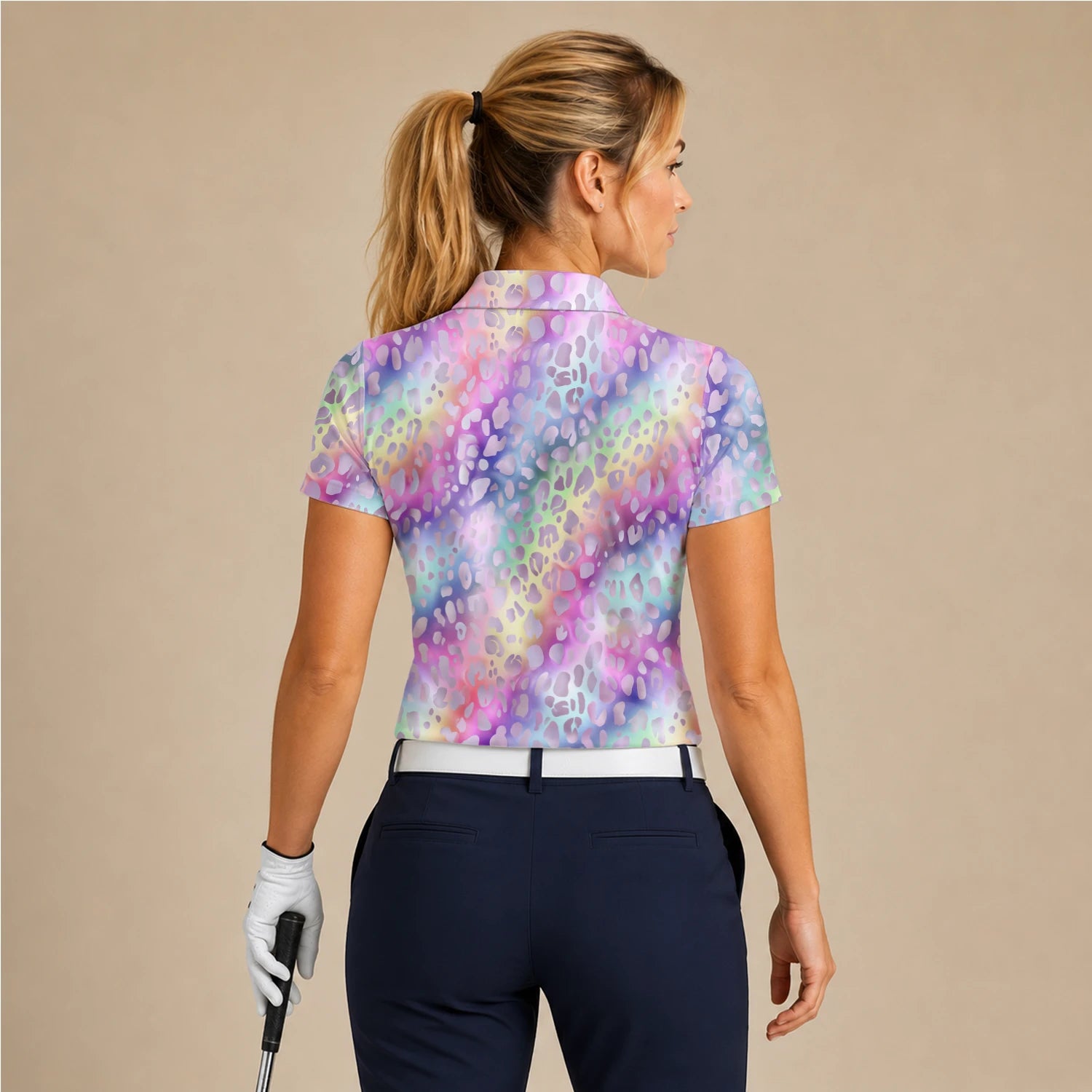Personalisiertes Golf Poloshirt Pastell Regenbogen Leo Print Design für Damen E5373